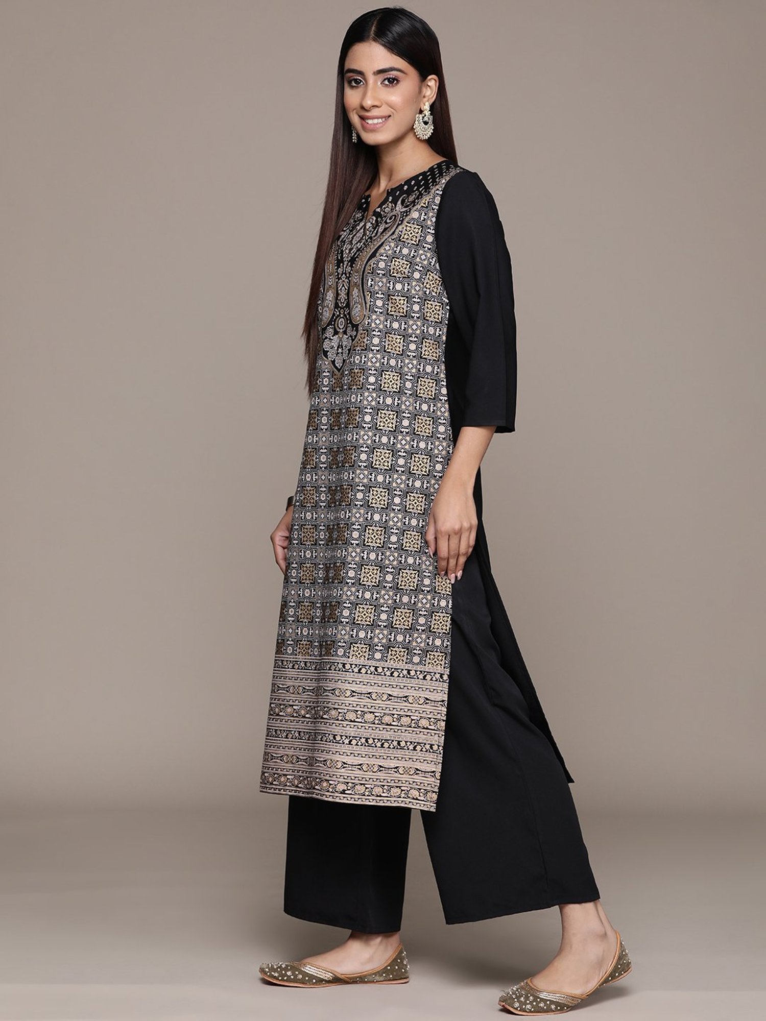 Ziyaa Black Printed Kurta With Palazzo & Dupatta