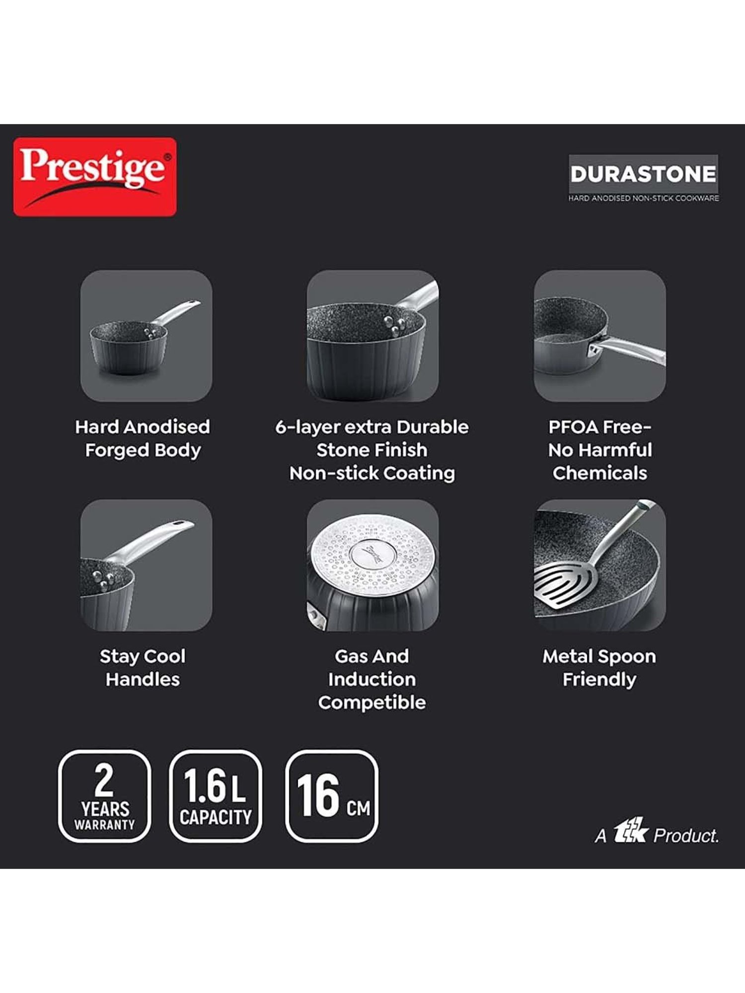 Prestige Black Hard Anodised 16 cm Non-Stick 6-Layer Sauce Pan With Lid (1.6 L)