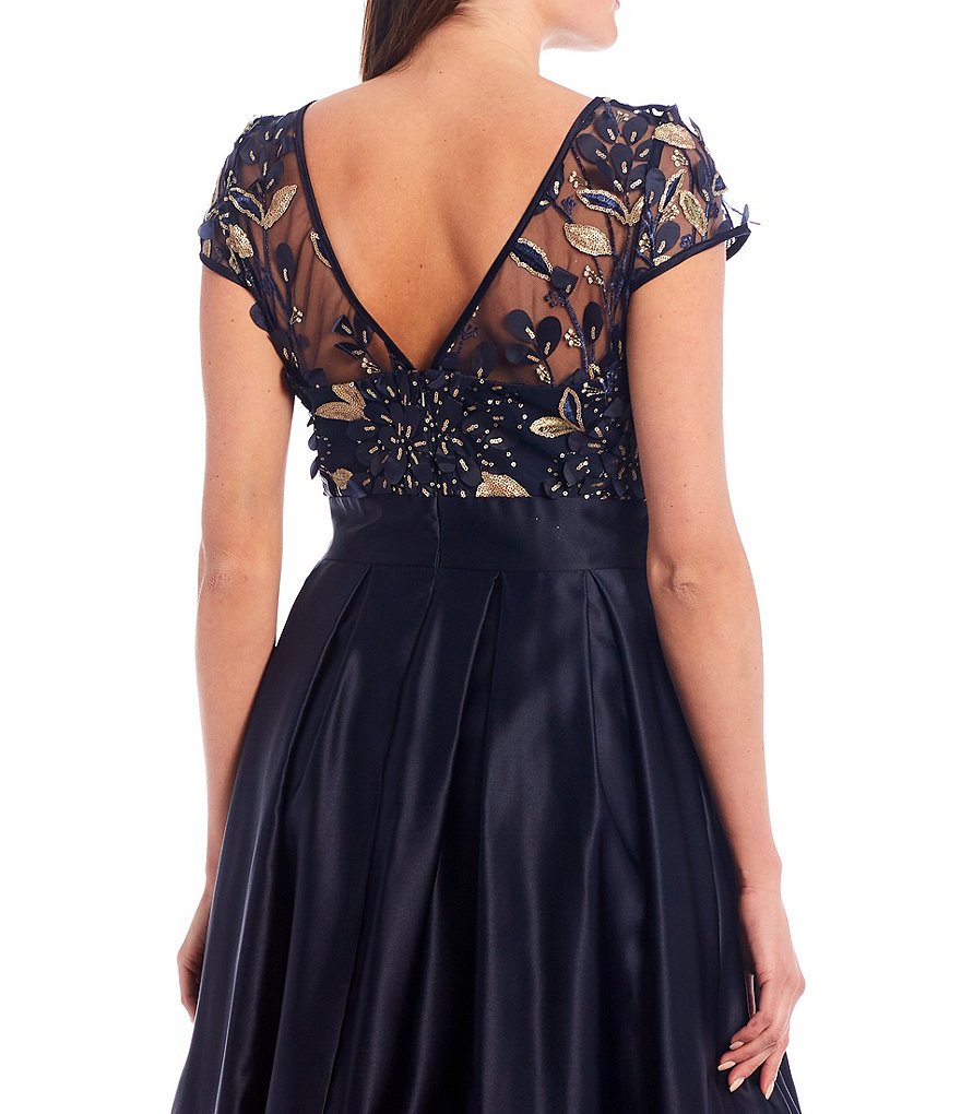 Xscape 3D Flower Bodice Illusion Mesh V-Back Satin Ball Gown