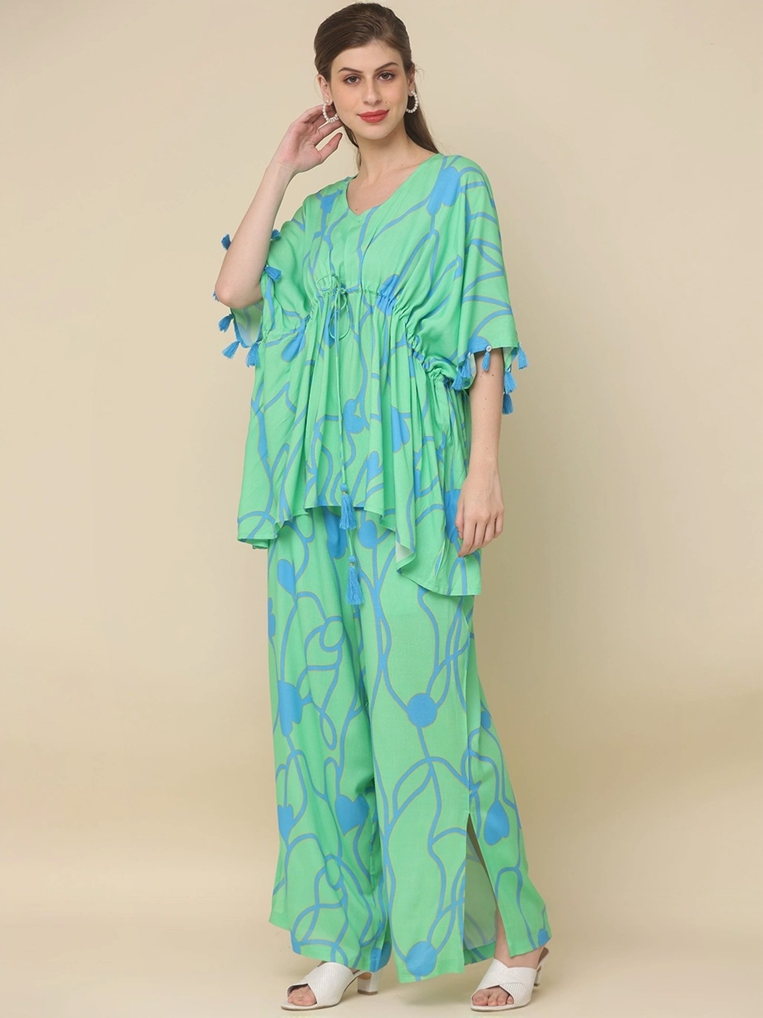 Zolo Label Green Cotton Printed Top Palazzo Set