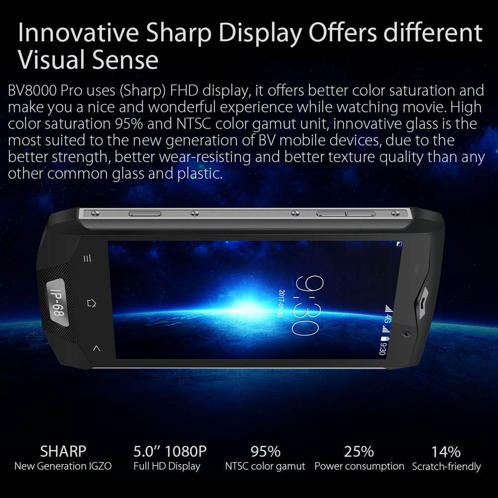 Blackview BV8000 Pro Unlocked International Rugged IP68 Waterproof Dual Sim 6GB Ram 64GB Rom 8.0MP+16.0MP DUAL Samsung Camera 5.0" FHD Android7.0 4180mAh  Battery 9V 2A Fingerprint GPS 4G+ Smartphone