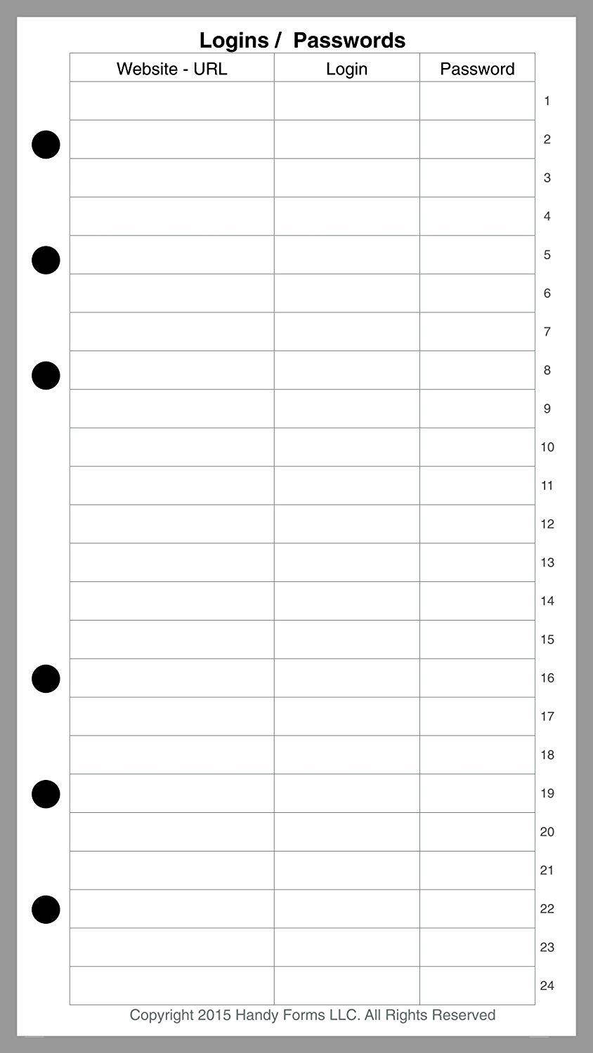 Personal Size Login Password List, Sized and Punched for Filofax Personal Notebook (3.7" x 6.75")