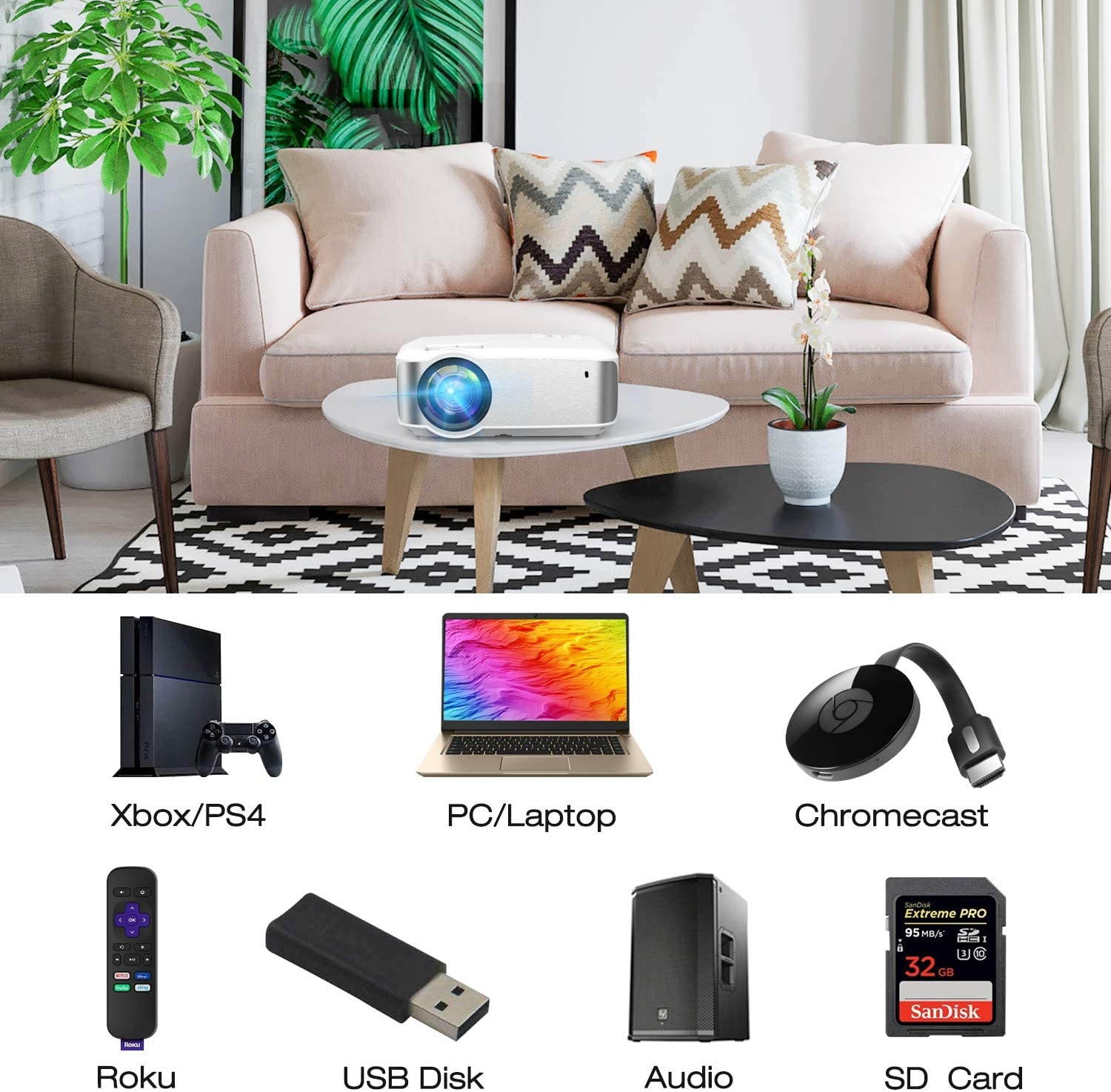 TOPVISION T23 Led Projector 1080P Supported with 6000L, 60,000 Hrs for Indoor/Outdoor Use, Compatible with Fire TV Stick, PS4