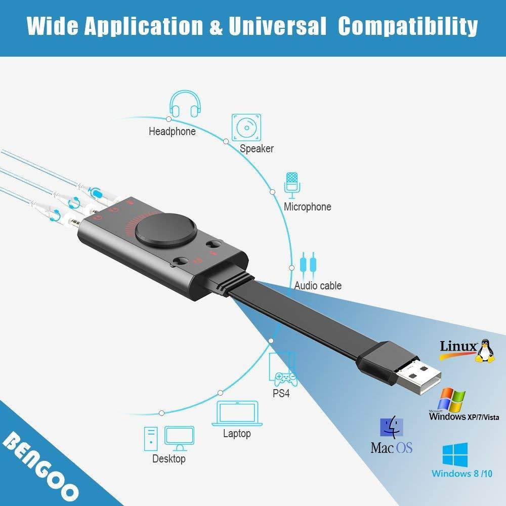USB Sound Card Adapter BENGOO External Audio Adapter Stereo Sound Card Converter 3.5mm AUX Microphone Jack for Gaming Headset Earphone PS4 Laptop Desktop Windows Mac OS Linux, Plug Play