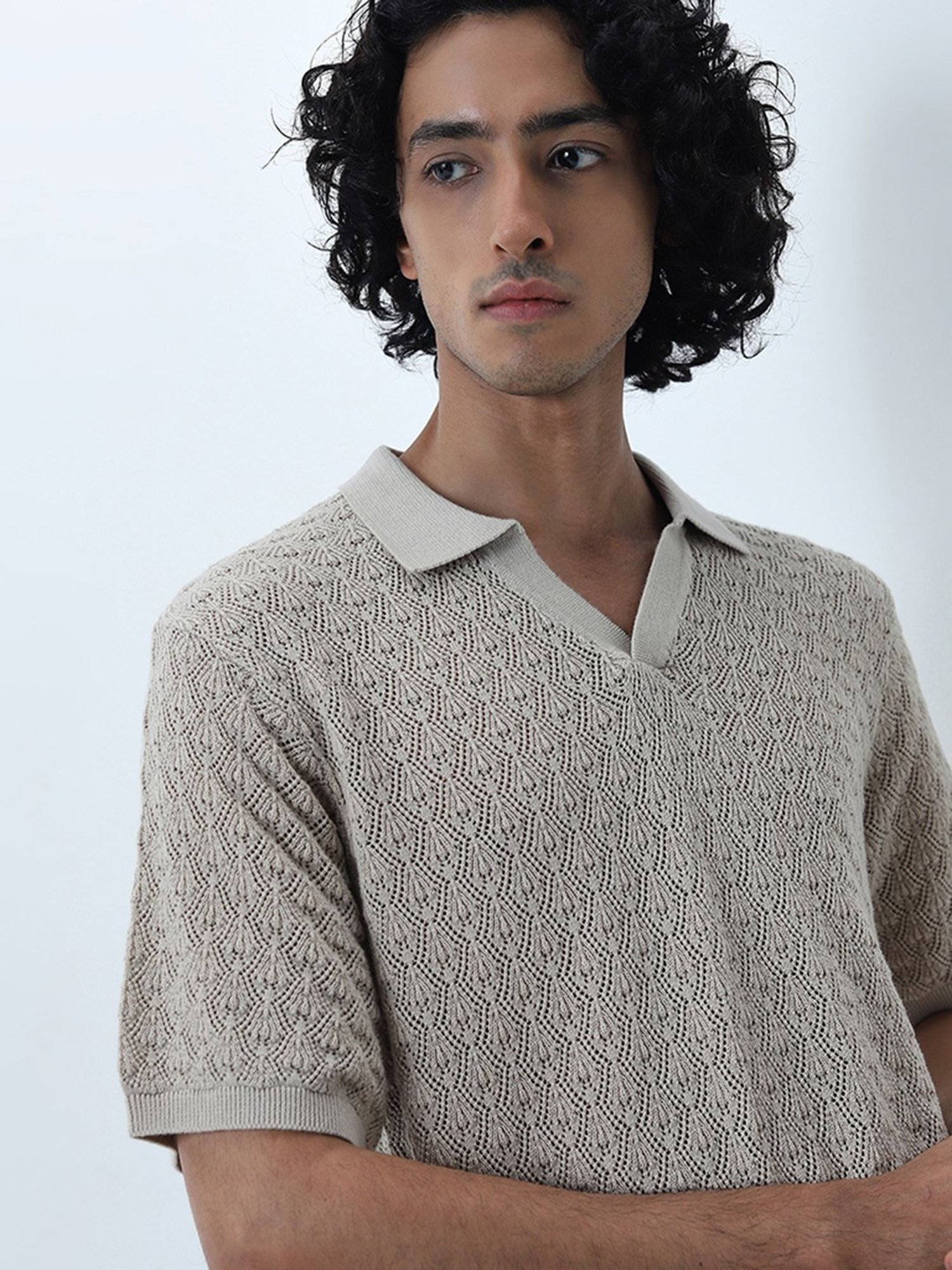 ETA by Westside Taupe Knitted Slim-Fit Cotton T-Shirt