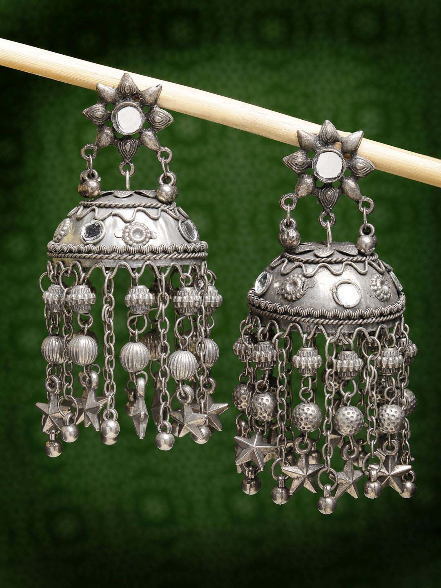 NVR Silver Plated Oxidized Mirror Work Contemporary Jhumki Earrings for Women