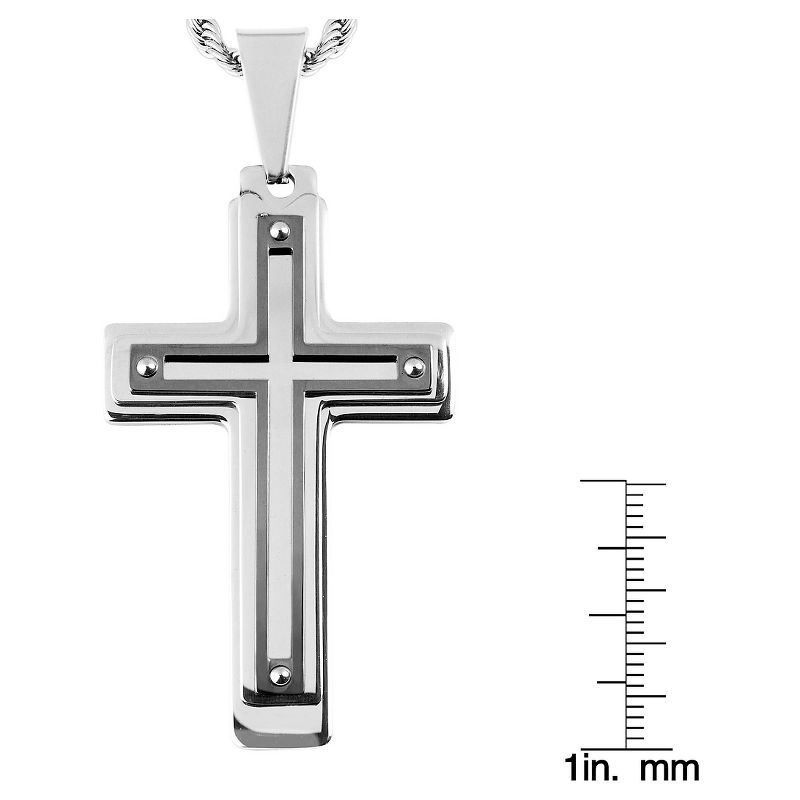 Men's West Coast Jewelry Silvertone and Blackplated Stainless Steel Multi-layer Cross Pendant