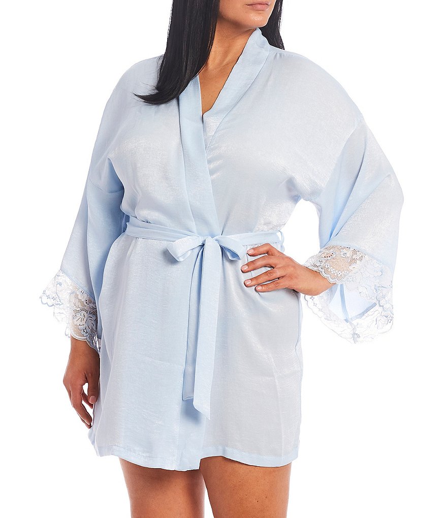 In Bloom by Jonquil Plus Size Cross-Dye Lace & Shimmer Satin Short Wrap Robe