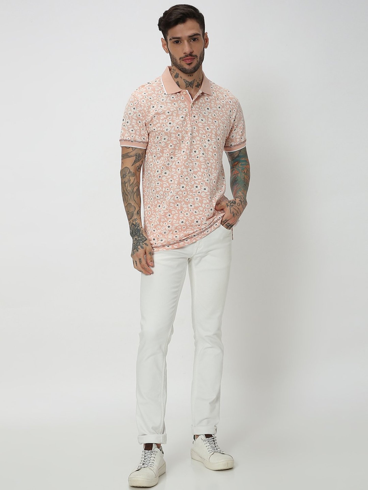 Mufti Peach Slim Fit Floral Print Cotton Polo T-Shirt