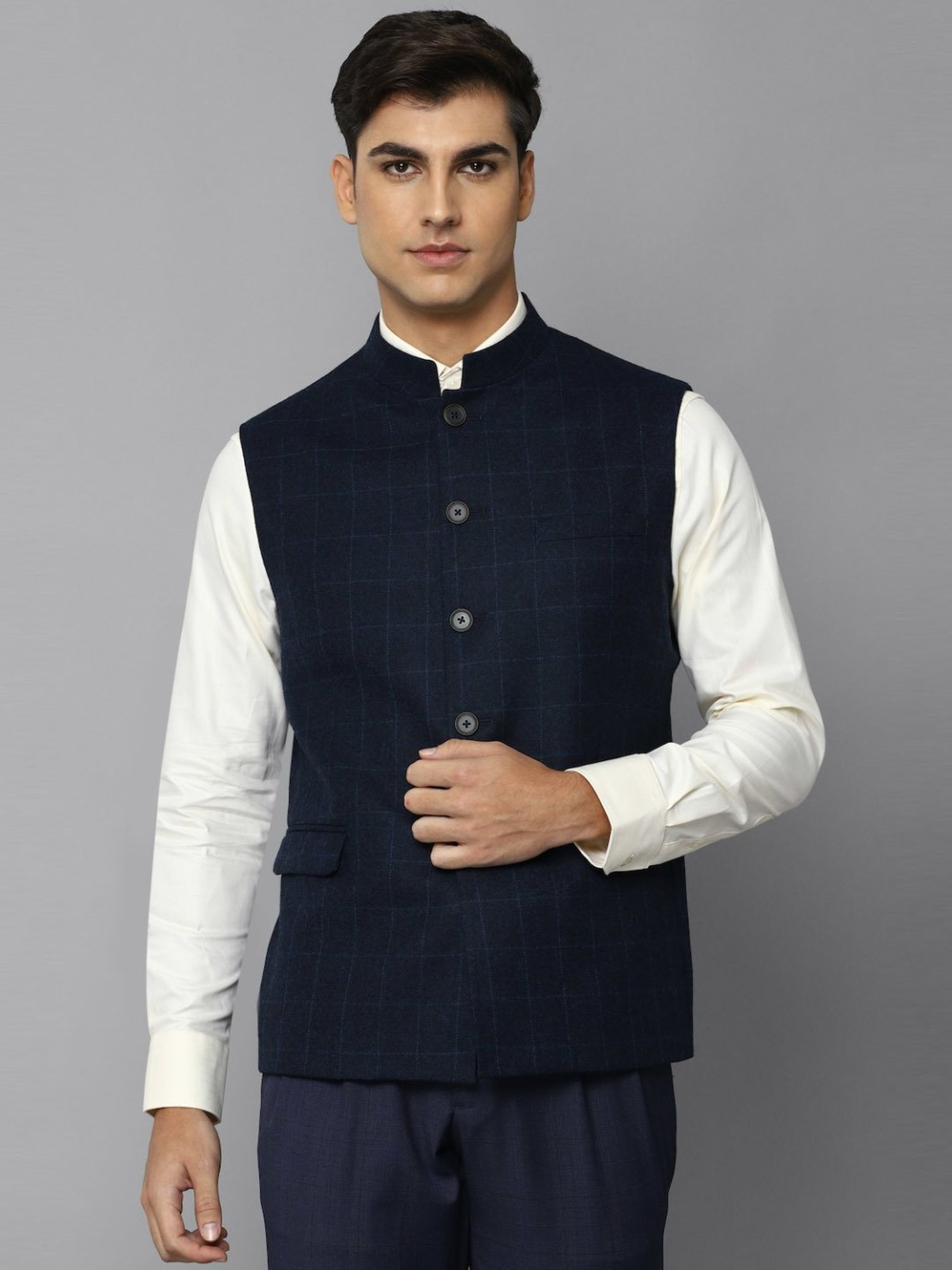 Louis Philippe Navy Slim Fit Checks Nehru Jacket