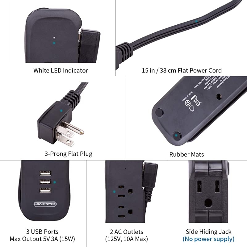 Travel Power Strip 2 Pack -  Power Strip with 2 Outlets and 3 USB, Portable Desktop Charging Station, 15 inches Short Extension Cord, Compact for Cruise Ship, Nightstand, Office, Home, Hotel