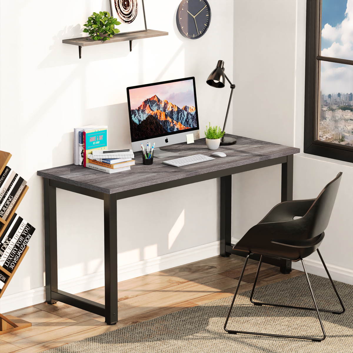 HOMEMAXS Computer Desk Table 47" Study Writing Table for Home Office, Modern Sturdy Office Desk for Small Spaces with Bookshelf Grey