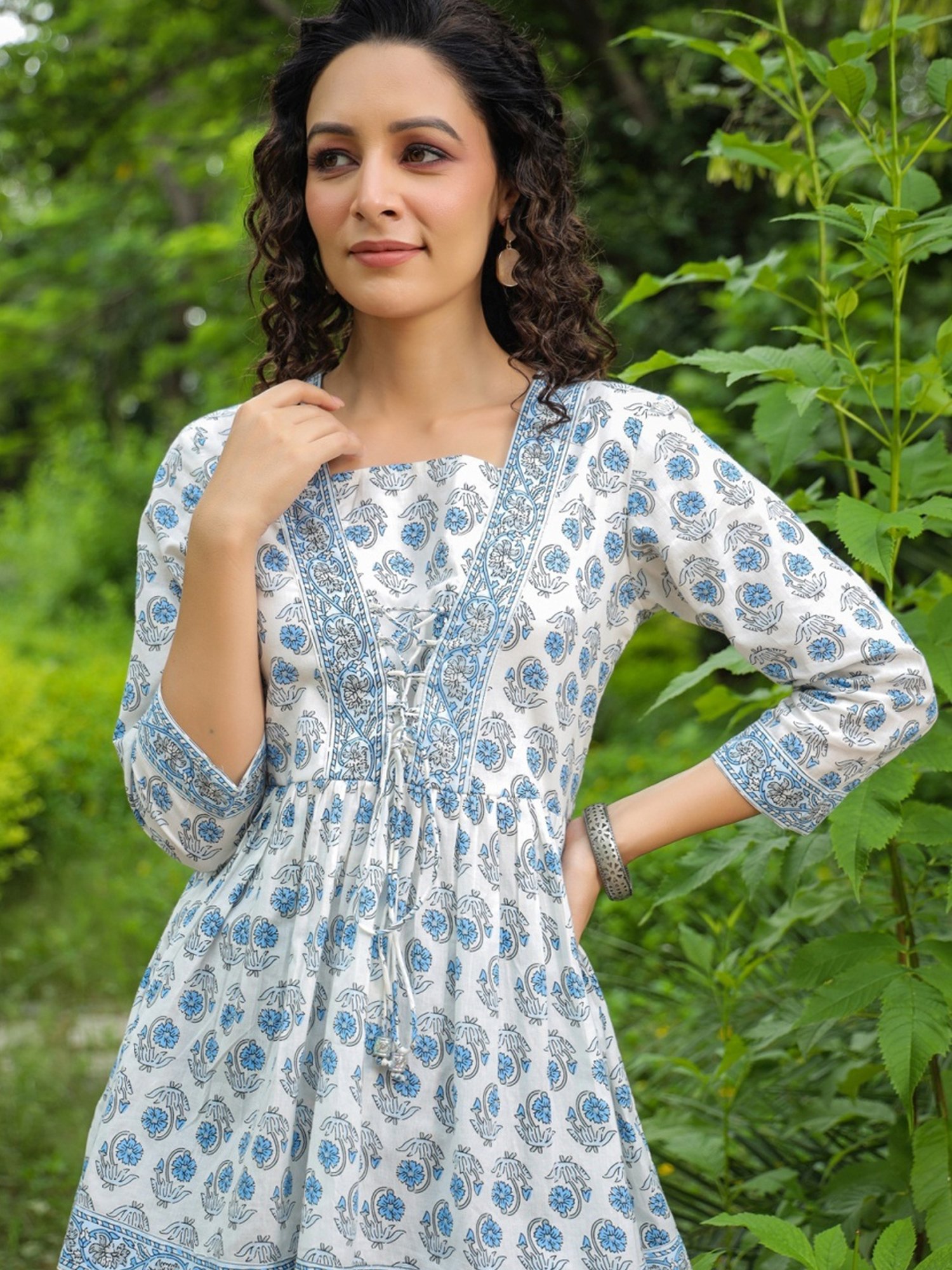 Rain and Rainbow White & Blue Cotton Floral Print Top