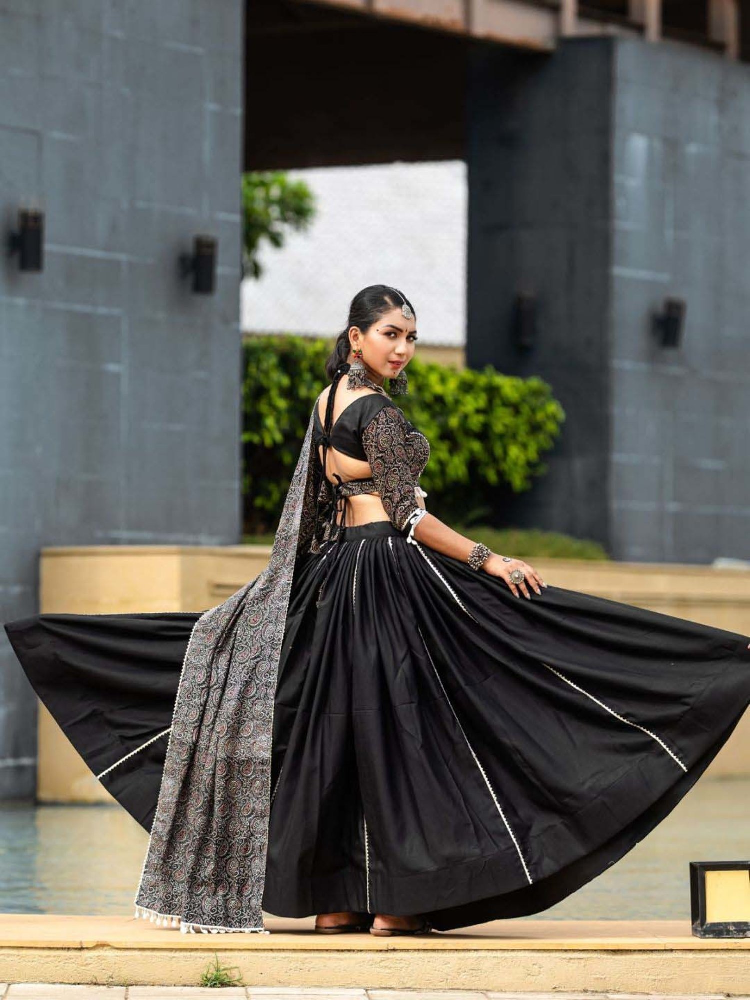 Odette Black Cotton Printed Lehenga Choli Set With Dupatta