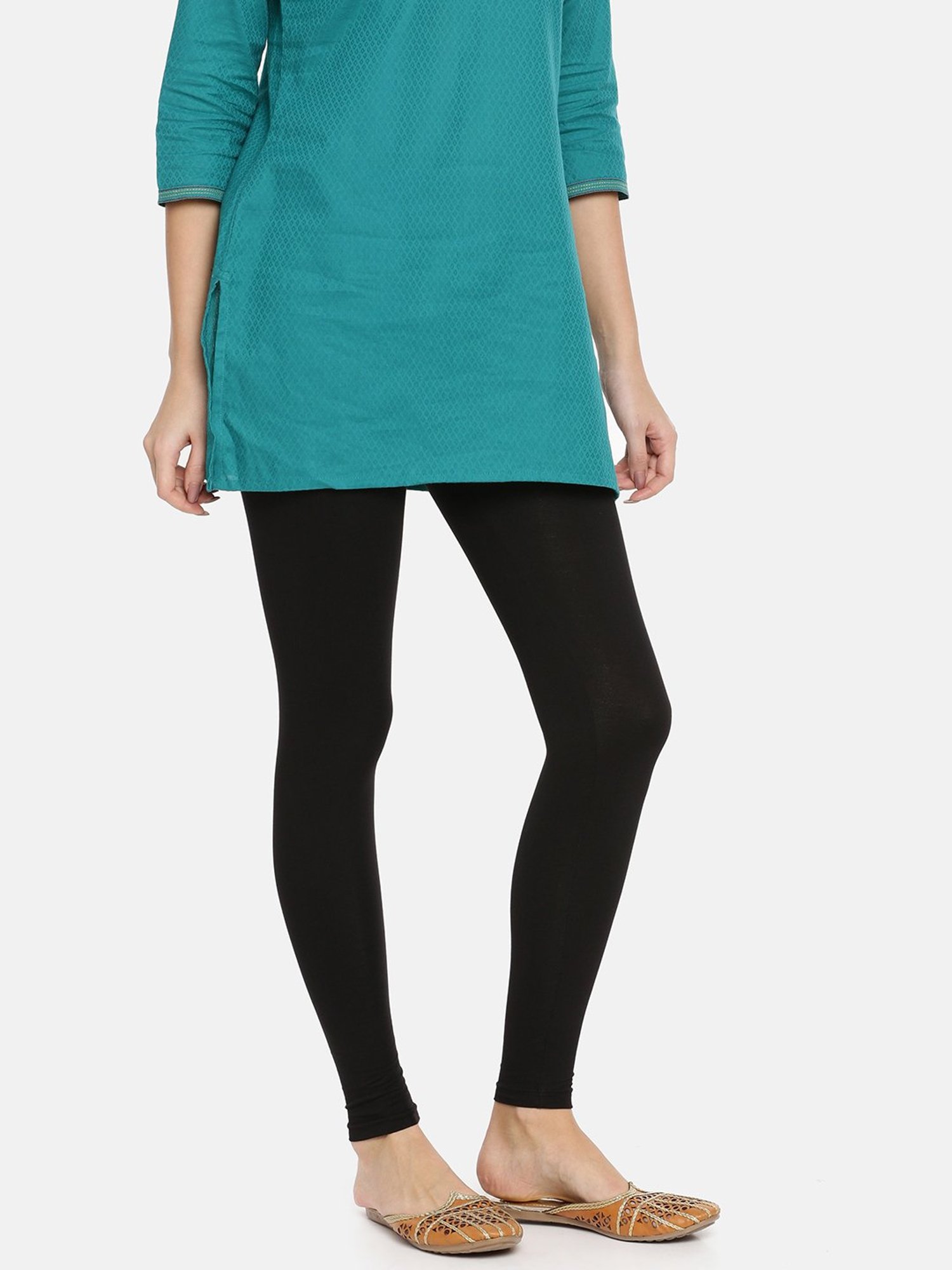 TWIN BIRDS Black Cotton Ankle Length Leggings