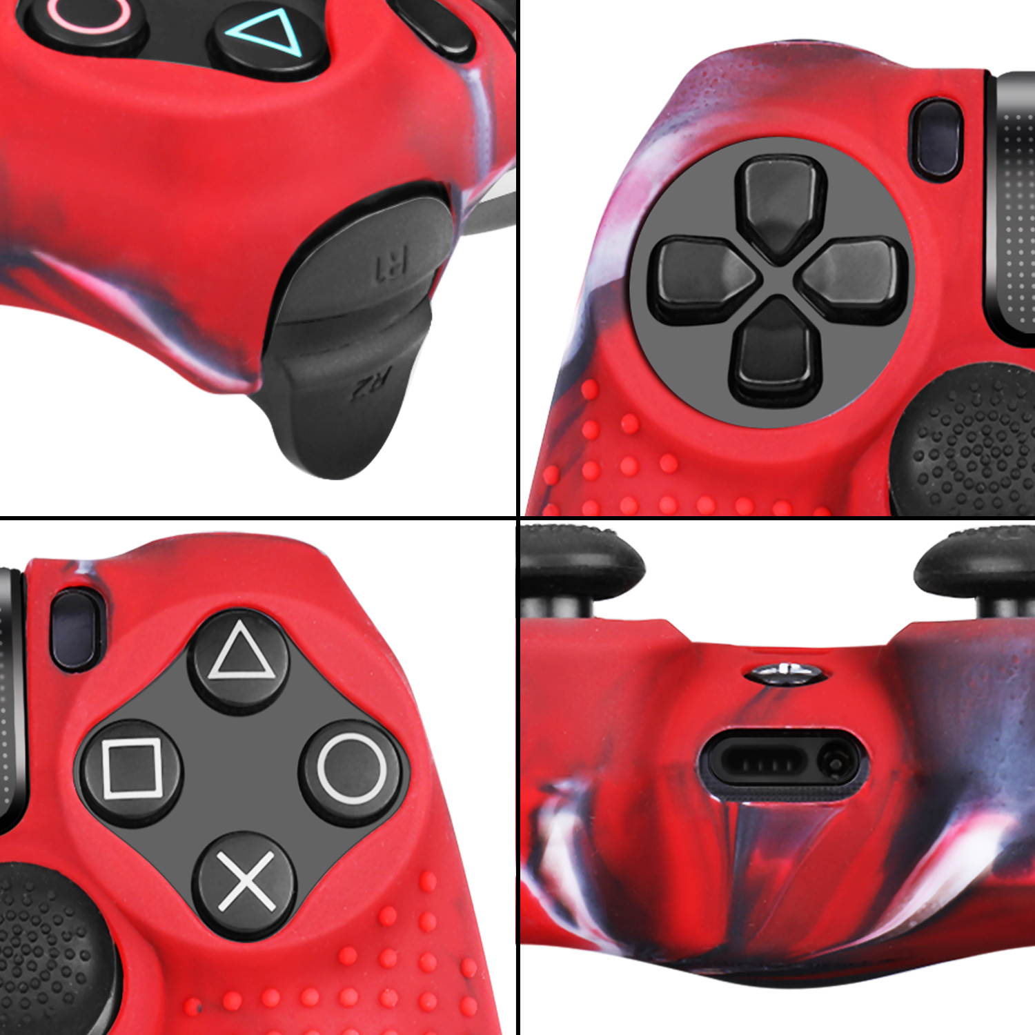 PS4 / Slim / Pro Controller Skin Grip Cover Case Set - Protective Soft Silicone Gel Rubber Shell & Studded Anti-slip Thumb Stick Caps for Sony PlayStation 4 Controller Gaming Gamepad (Mystic Red)