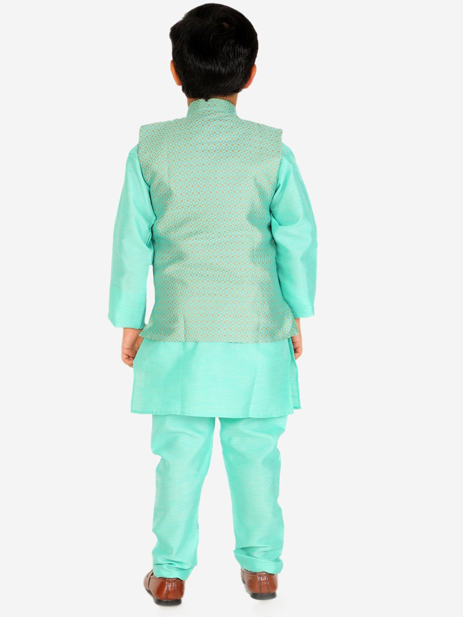 Pro-Ethic Style Developer Kids Mint Green Printed Full Sleeves Kurta, Waistcoat with Pyjamas