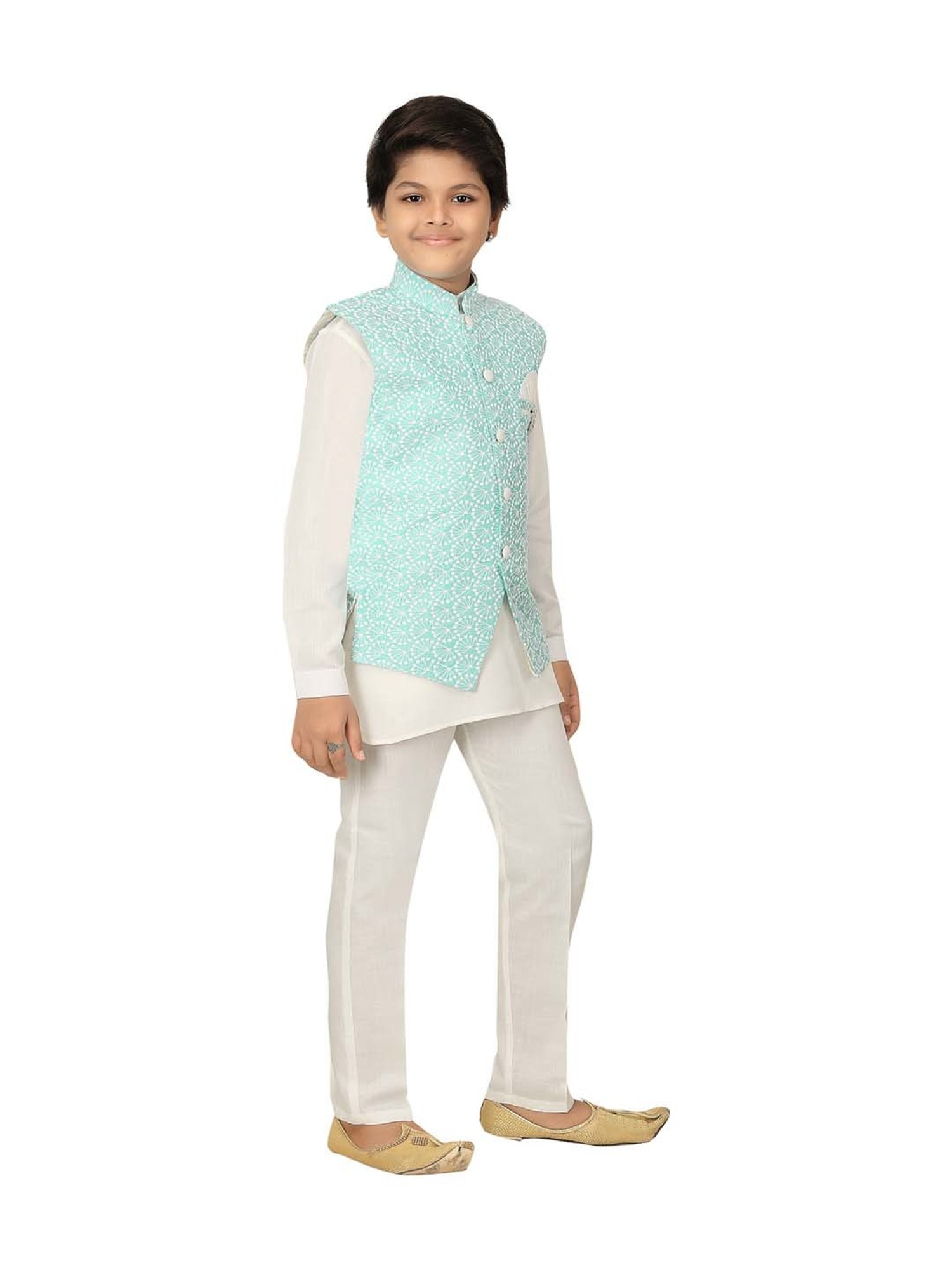 Ahhaaaa Kids Blue & White Cotton Embroidered Full Sleeves Kurta Set