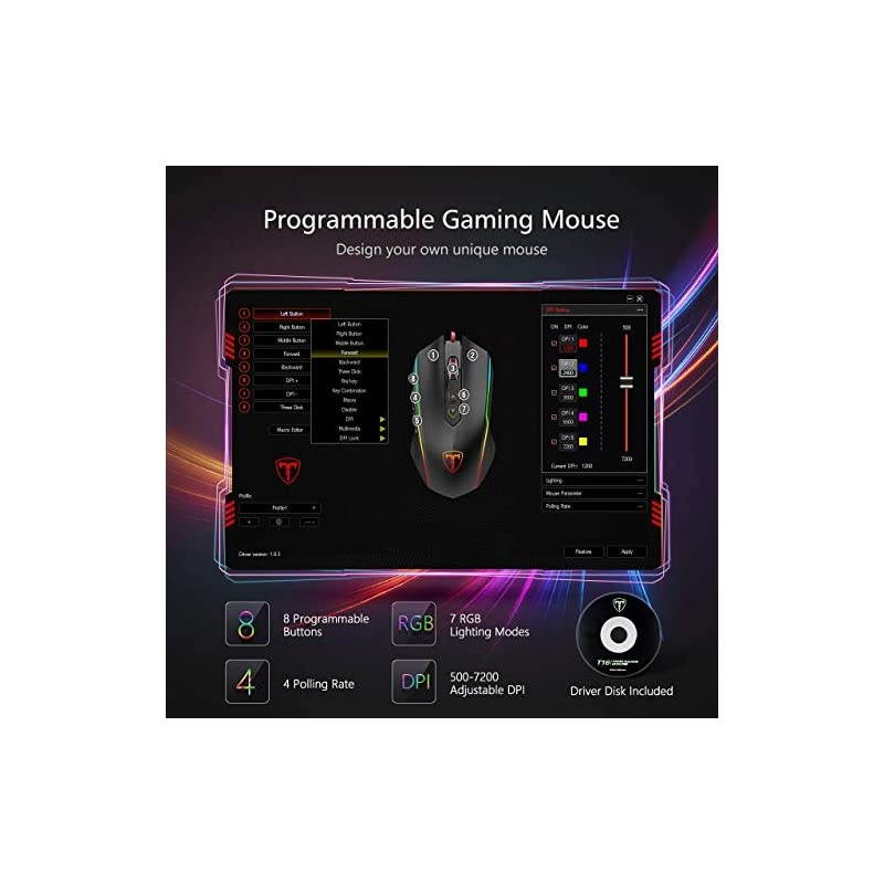 Gaming Mouse Wired RGB Chroma Backlit Gaming Mouse 8 Programmable Buttons 7200 DPI Adjustable Comfortable Grip Ergonomic Optical PC Computer Gaming Mice with Fire Button Sega Genesis Acces