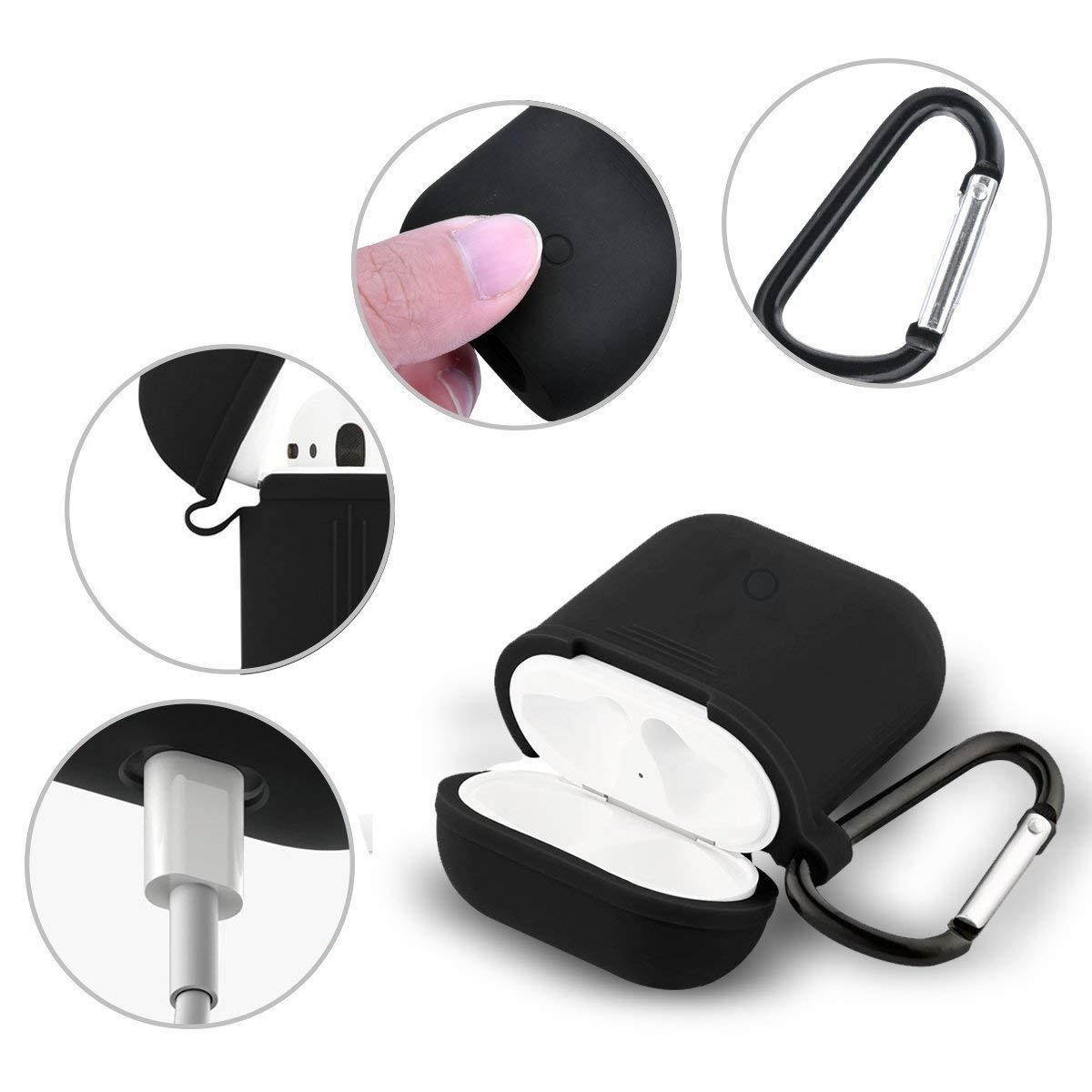 Airpods Accessories Set, Filoto Airpods Waterproof Silicone Case Cover with Keychain/Strap/Earhooks/Accessories Storage Travel Box for Apple Airpod (Black)