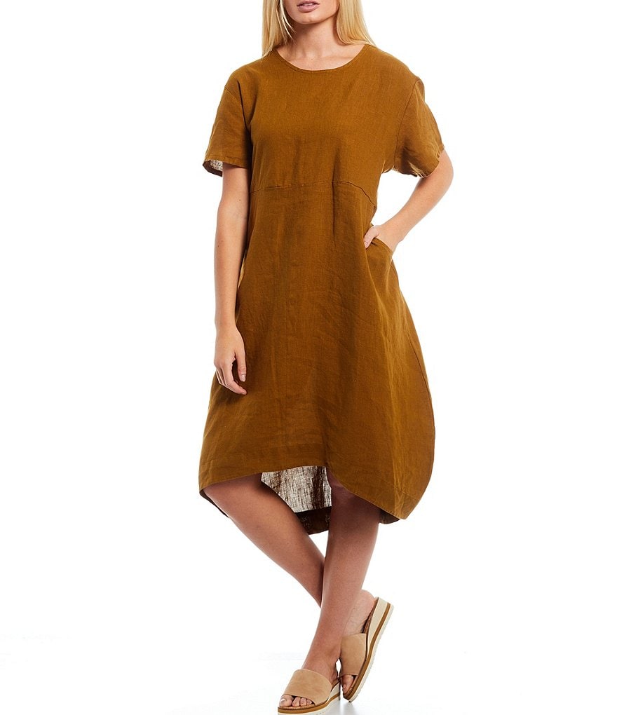 Bryn Walker Marina Light Linen Short Sleeve Hi Low Pocket Dress