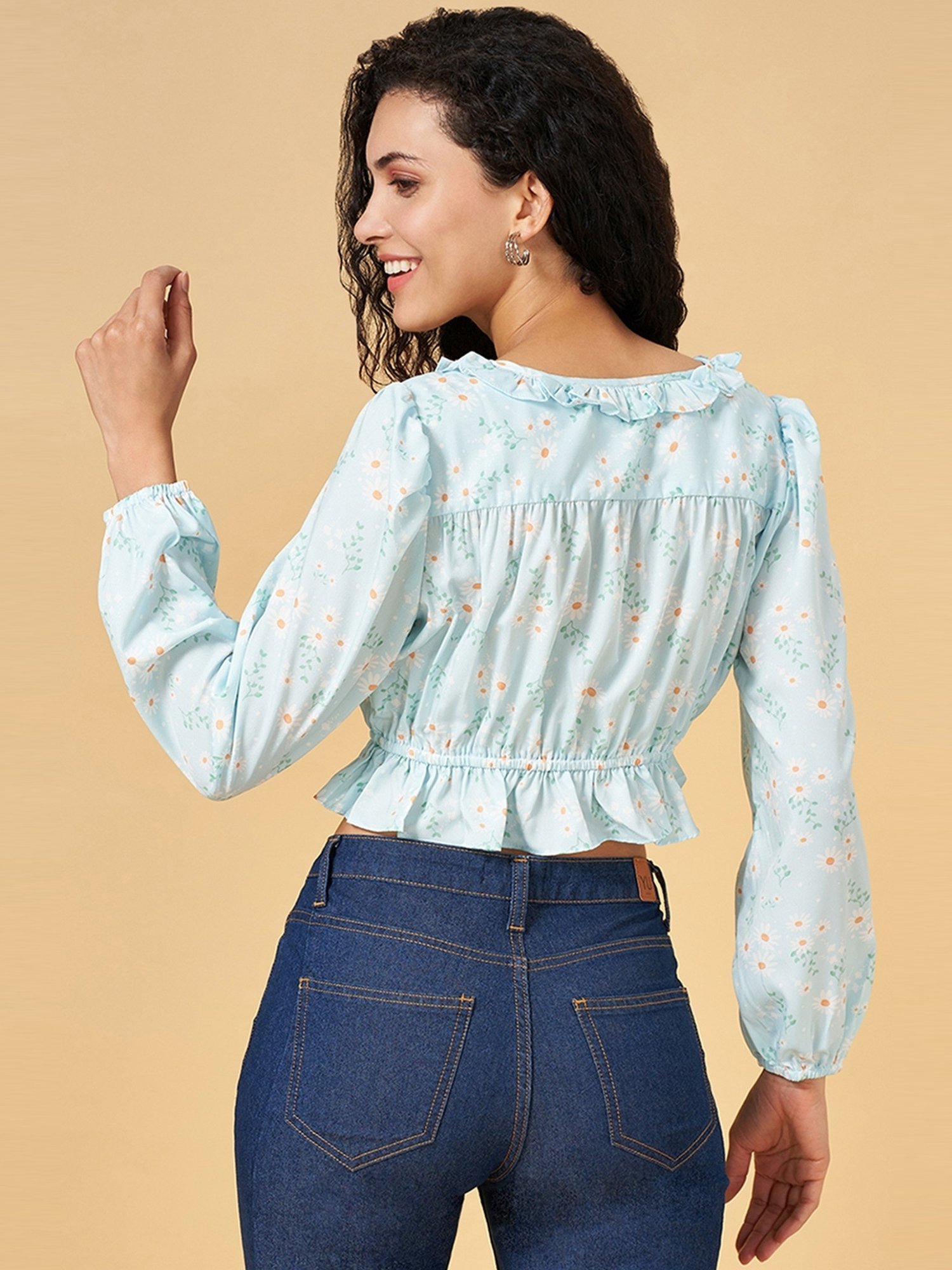 YU by Pantaloons Blue Floral Print Crop Top