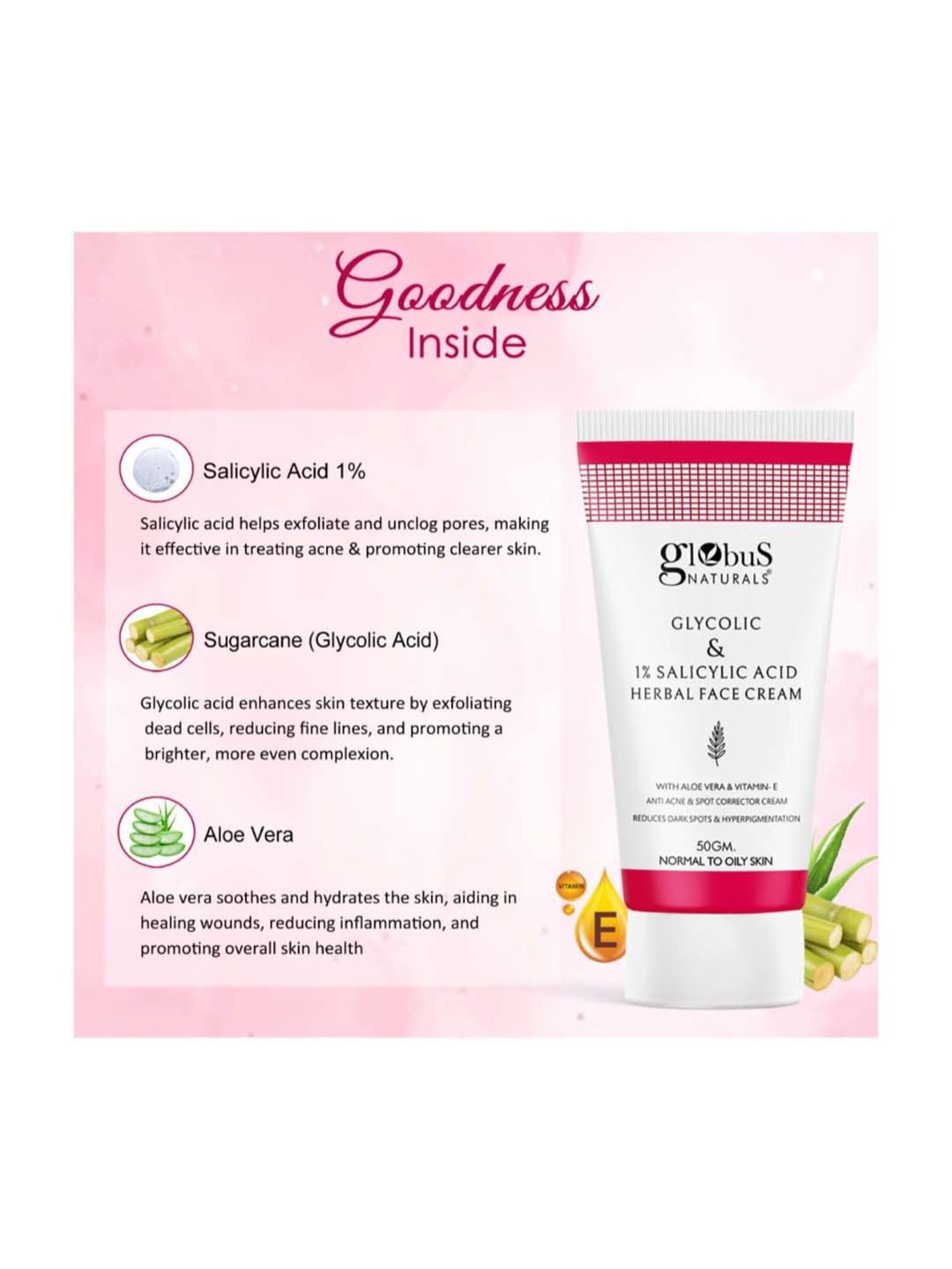 Globus Naturals Glycolic & 1% Salicylic Acid Herbal Anti Acne Face Cream - 50 gm