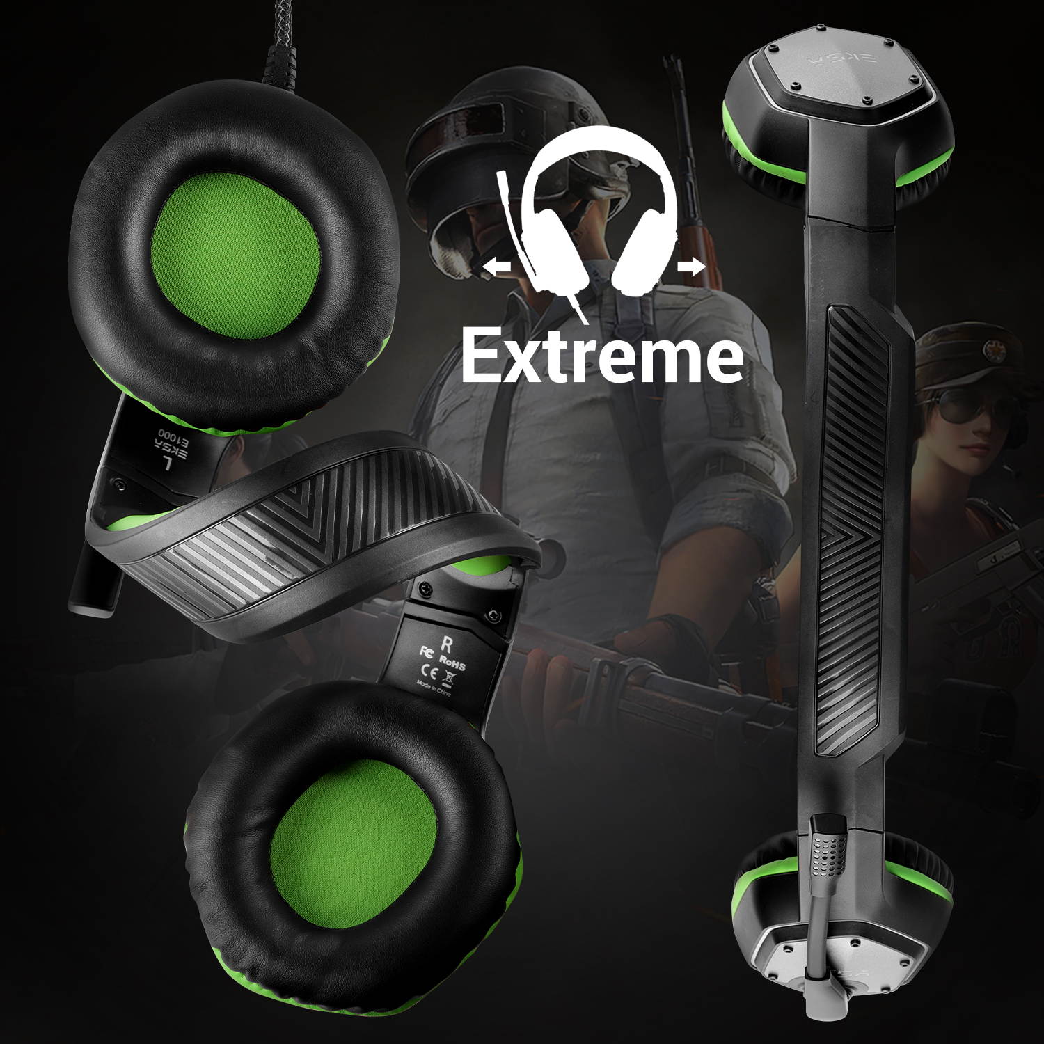 EKSA E1000 Gaming Headset 7.1 Virtual Surround Gaming Headphones Wired USB Earphone With LED RGB Light Mic For Computer/PC/PS4 Gray/Green