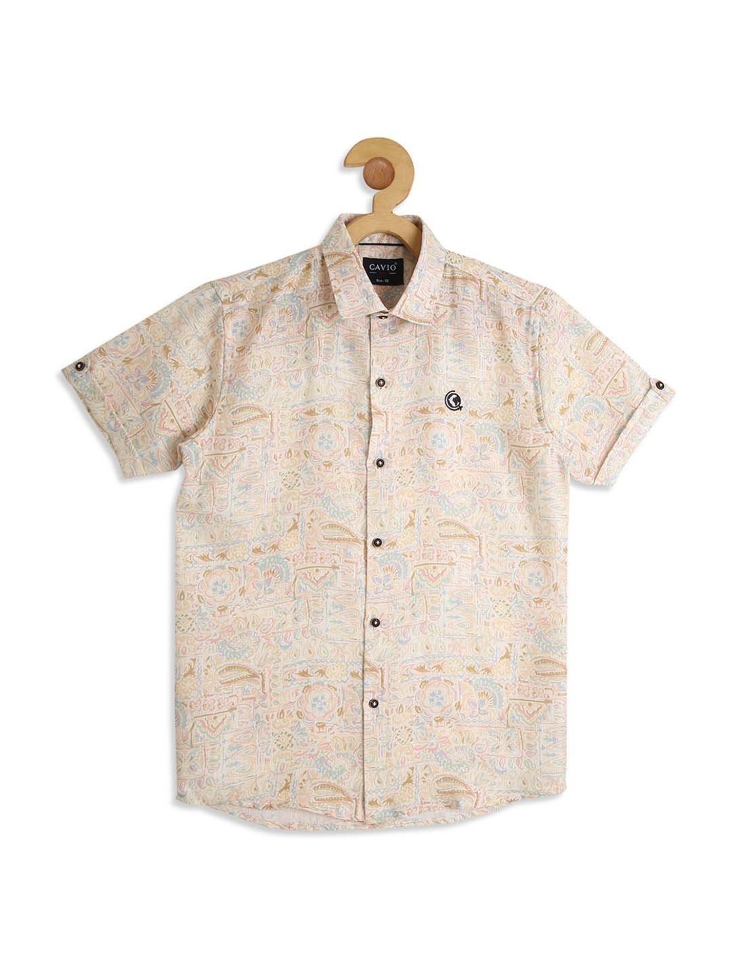 Cavio Kids Cream & White Cotton Printed Shirt with T-Shirt