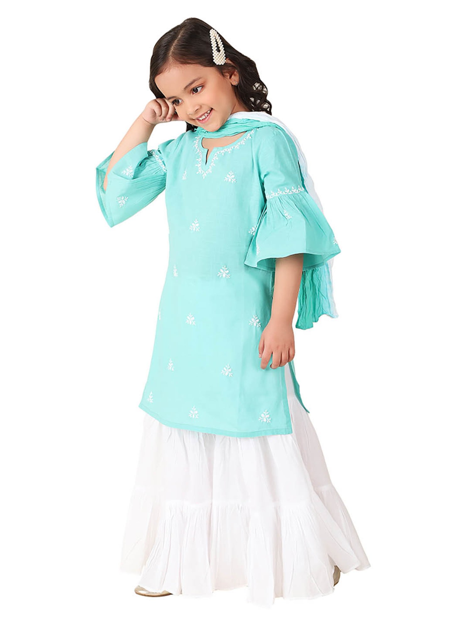 Fabindia Kids Light Blue & White Embroidered Kurta, Sharara with Dupatta