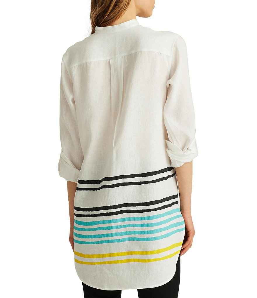 Lauren Ralph Lauren Petite Size Striped Linen Long Roll-Tab Sleeve Hi-Low Tunic