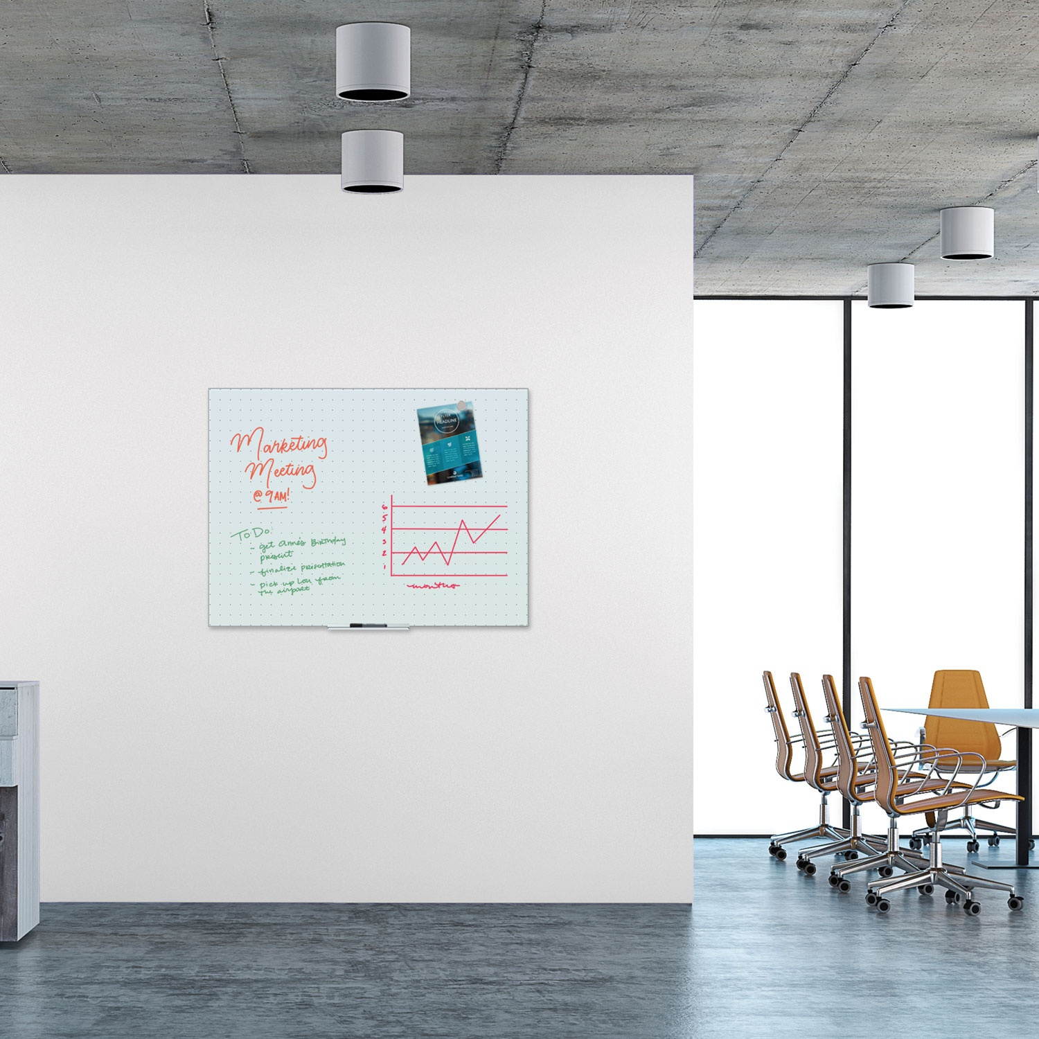 Floating Glass Ghost Grid Dry Erase Board, 48 x 36 Inches, White Frosted Surface, Frameless UBR2799U0001