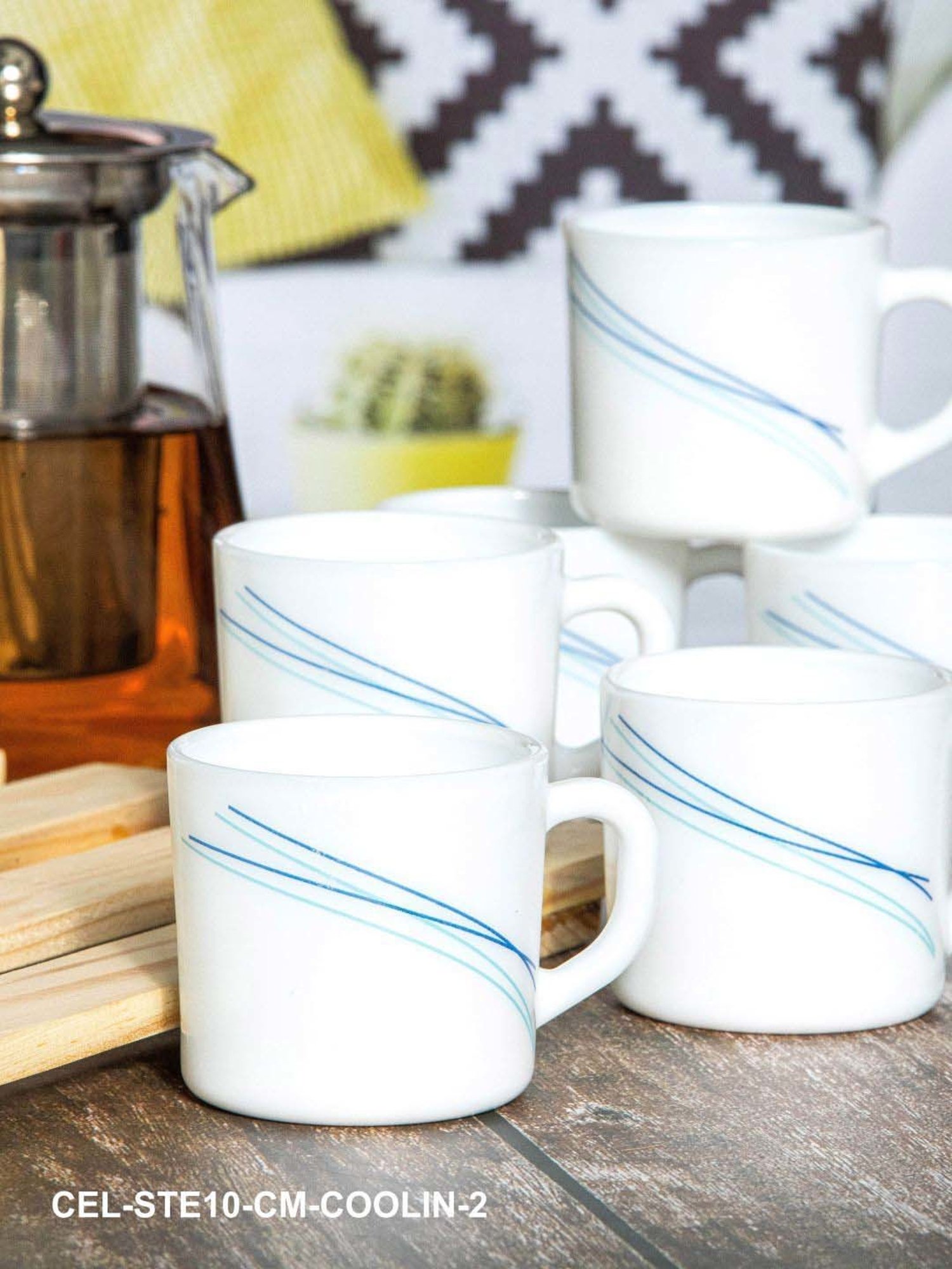 Cello White & Blue Glass Coffee Mug (0.1 L) - Set of 12