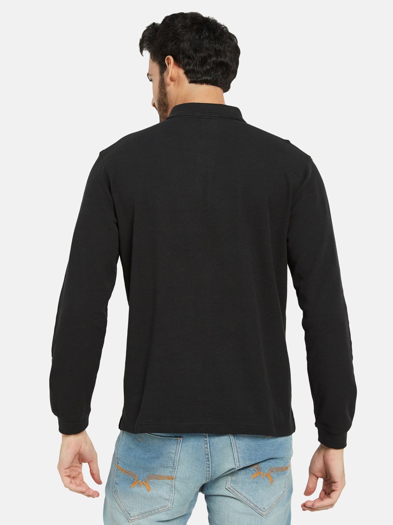 METTLE Black Regular Fit Textured Polo T-Shirt