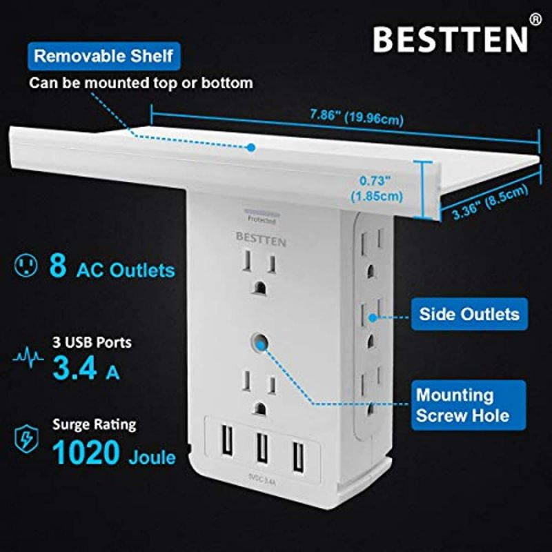 BESTTEN USB Surge Protector Wall Outlet with Shelf, 3 USB Charging Ports (5V/3.4A), 8 AC Outlets, 1020 Joule Surge Rating, Removable Top Shelf, FCC and SGS Certified