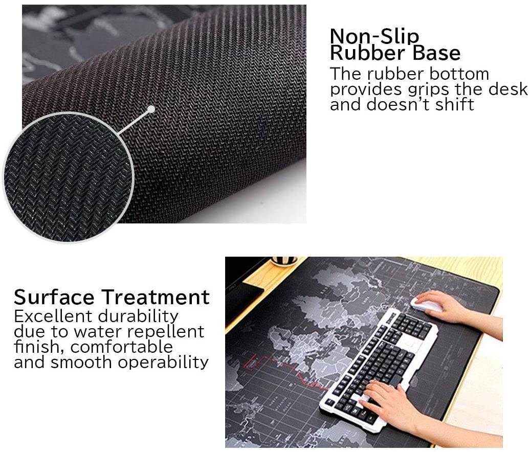 Sim's Extended Large Size, Gaming Mouse Pad, Non-Slip Rubber Base, XXXL Size Desk Pad, Black World Map & Color Sewn (Black, [XXL] 31.5"x11.8"x0.12")