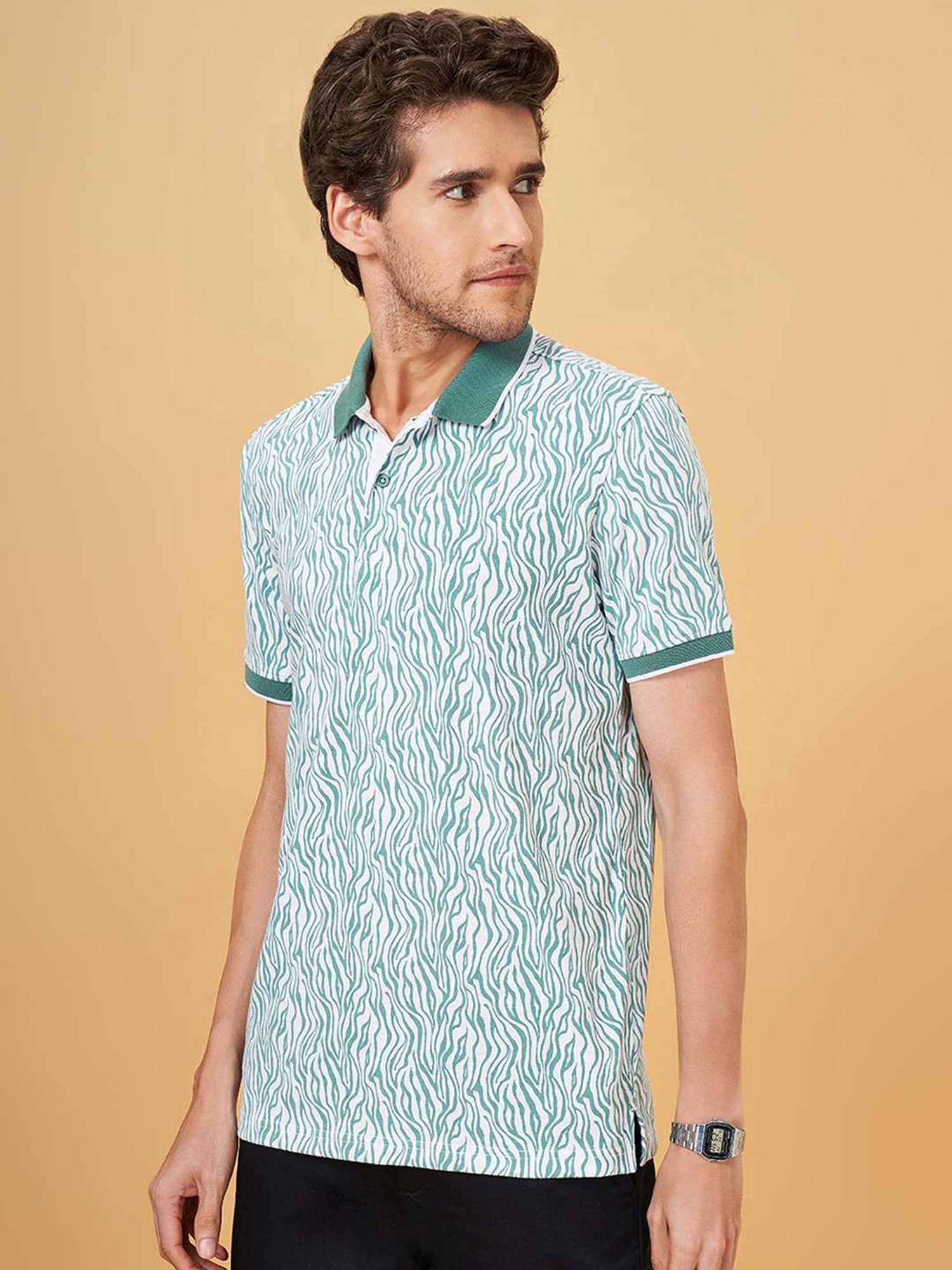 Byford By Pantaloons Blue Cotton Slim Fit Printed Polo T-Shirt