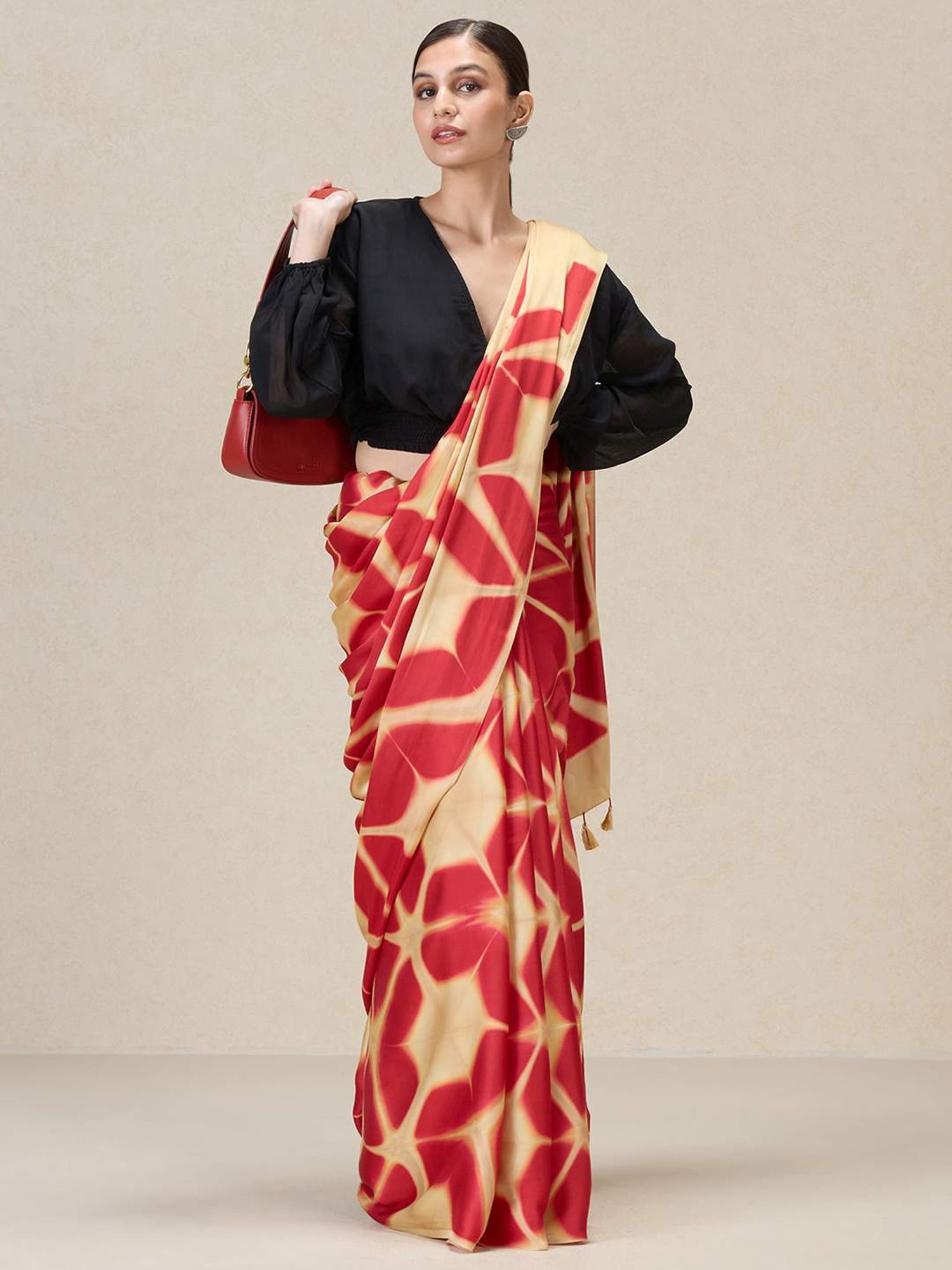 navyasa by liva Beige & Red Printed Saree With Unstitched Blouse