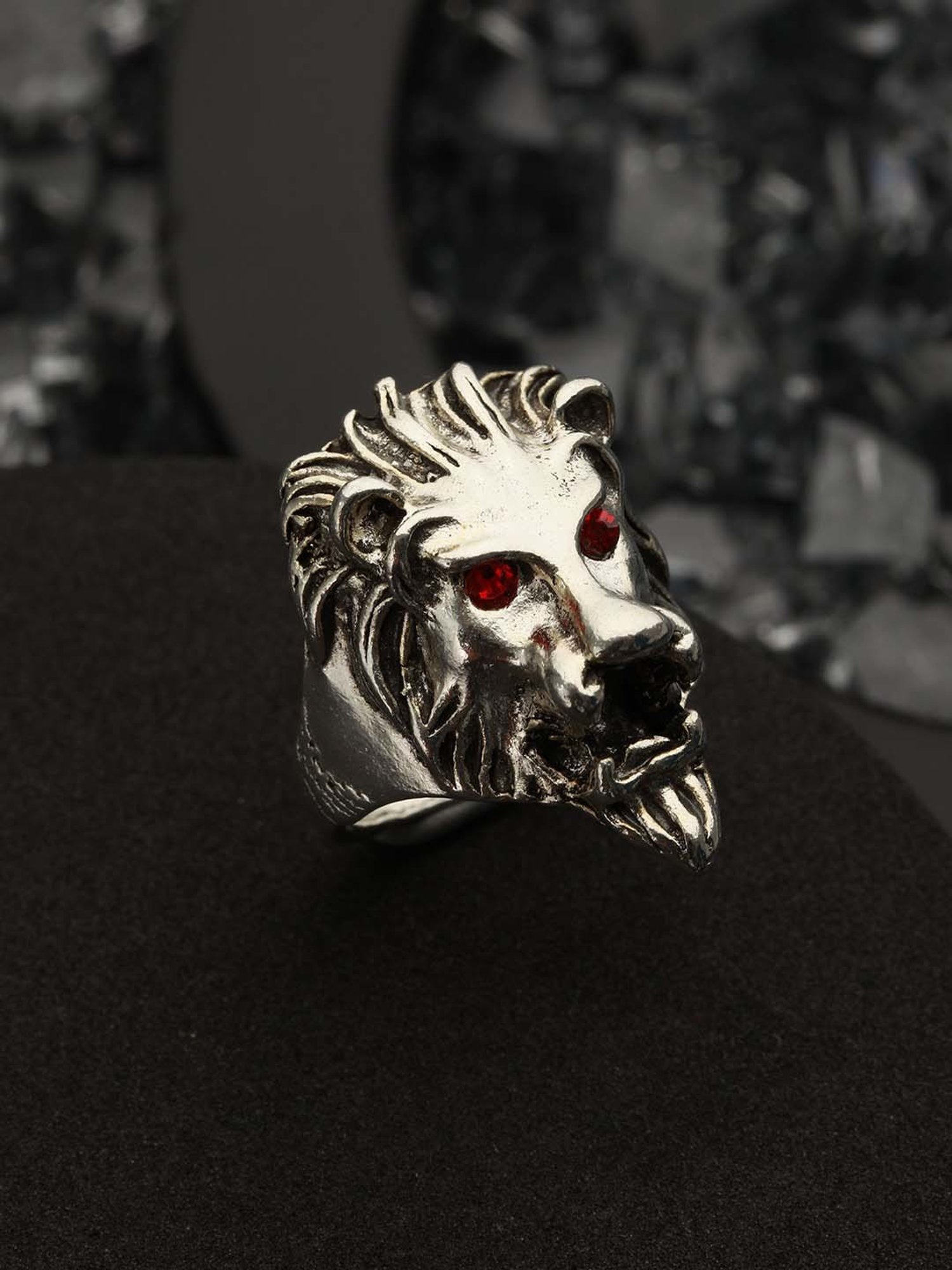 Bold by Priyaasi Red-Eyed Lion Oxidized Silver Ring for Men