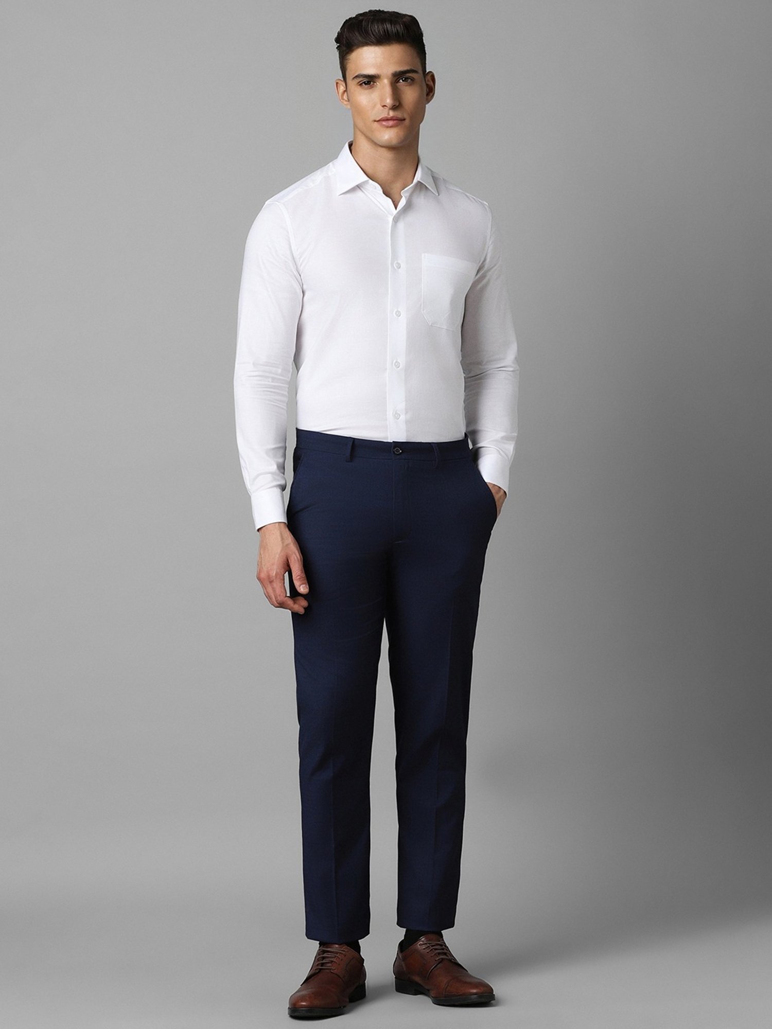 Louis Philippe Navy Slim Fit Striped Trousers