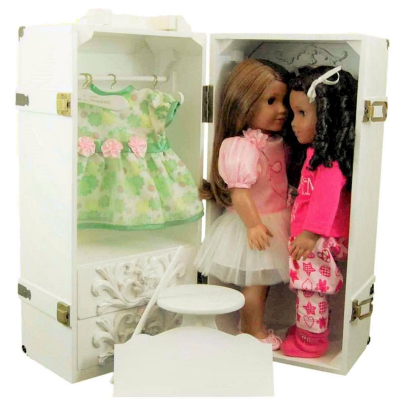 The Queen's Treasures 18 Inch Doll Furniture, White Clothing Storage Trunk, Vanity, 4 Hangers Fits 2 Dolls