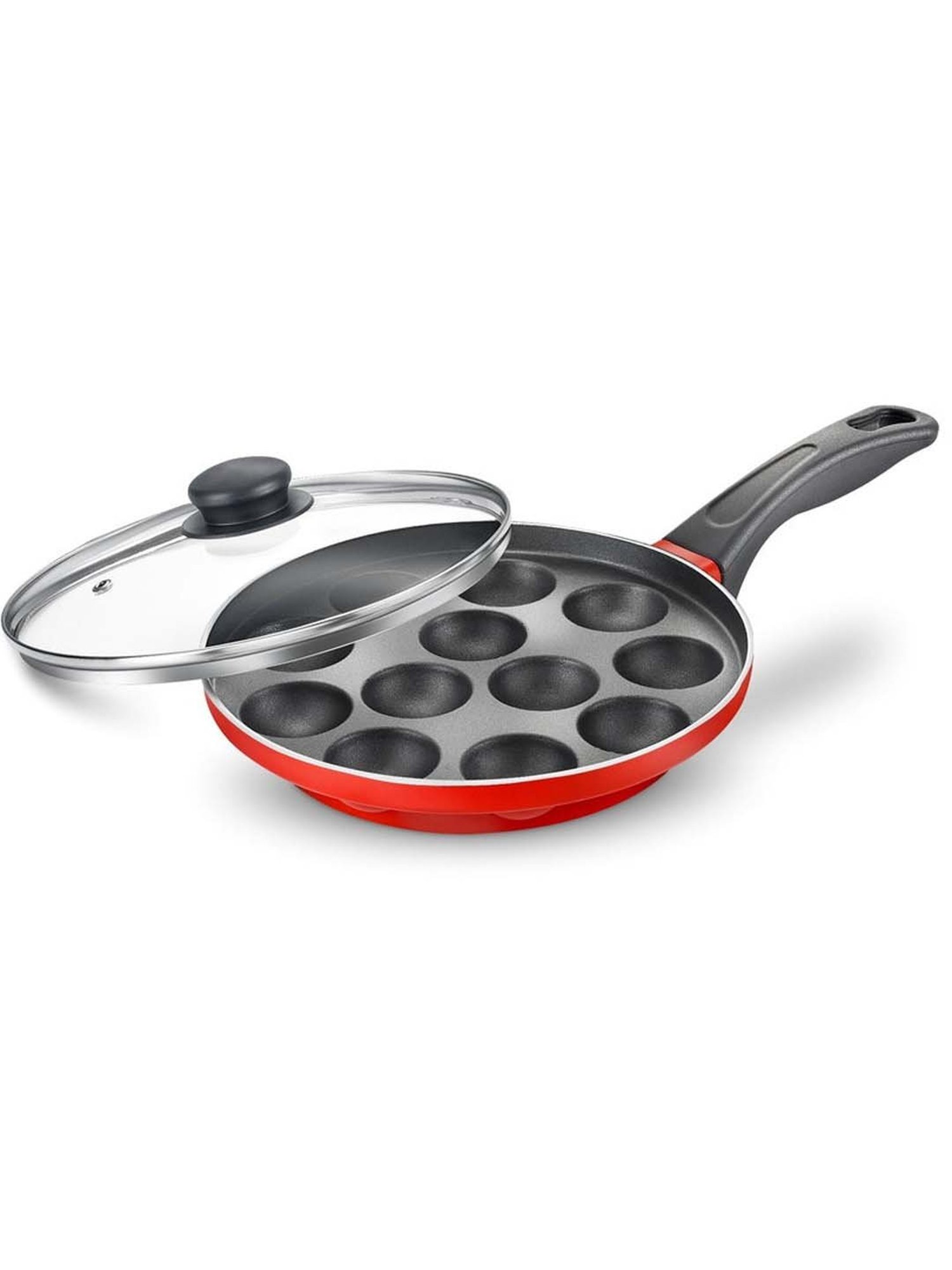 JUDGE Black & Red Aluminium 25 cm Non-Stick Paniyarakal With Lid - Set of 1