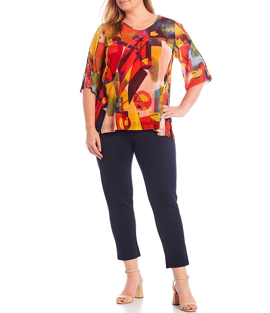 Ali Miles Plus Size 3/4 Ladder Sleeve V-Neck Abstract Print Onion Skin Blouse