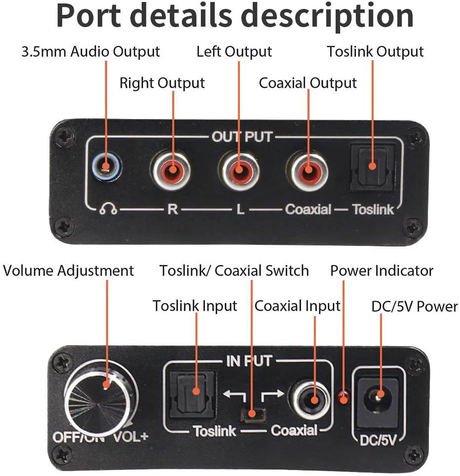 192KHz DAC Digital to Analog Converter, 3 in 1 Digital to Analog Audio Converter Optical Toslink Coaxial to Analog RCA L/R 3.5mm Jack Audio Adapter, Support Toslink to Coaxial and Coaxial to Toslink