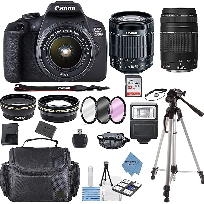 EOS 2000D Rebel T7 Kit with EF-S 18-55mm f/3.5-5.6 III Lens + 75-300 Lens+ Accessory Bundle +TopKnotch Deals Cloth