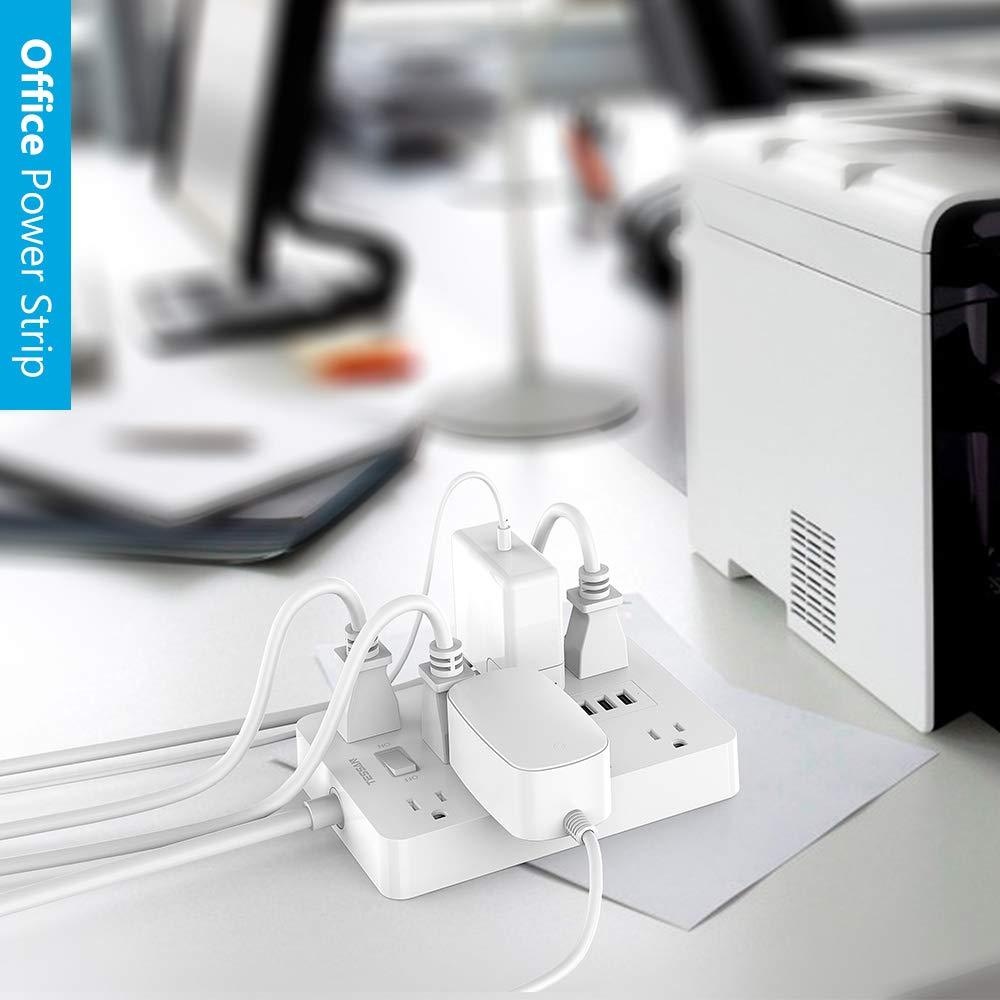 Power Strip 10 Wide Spaced Outlets, TESSAN Wall Mount Extension Cord with Multiple Protection, 3 USB Charger, 1875W/15A 4FT Cord with Overload Protector for Home and Office Essentials, White