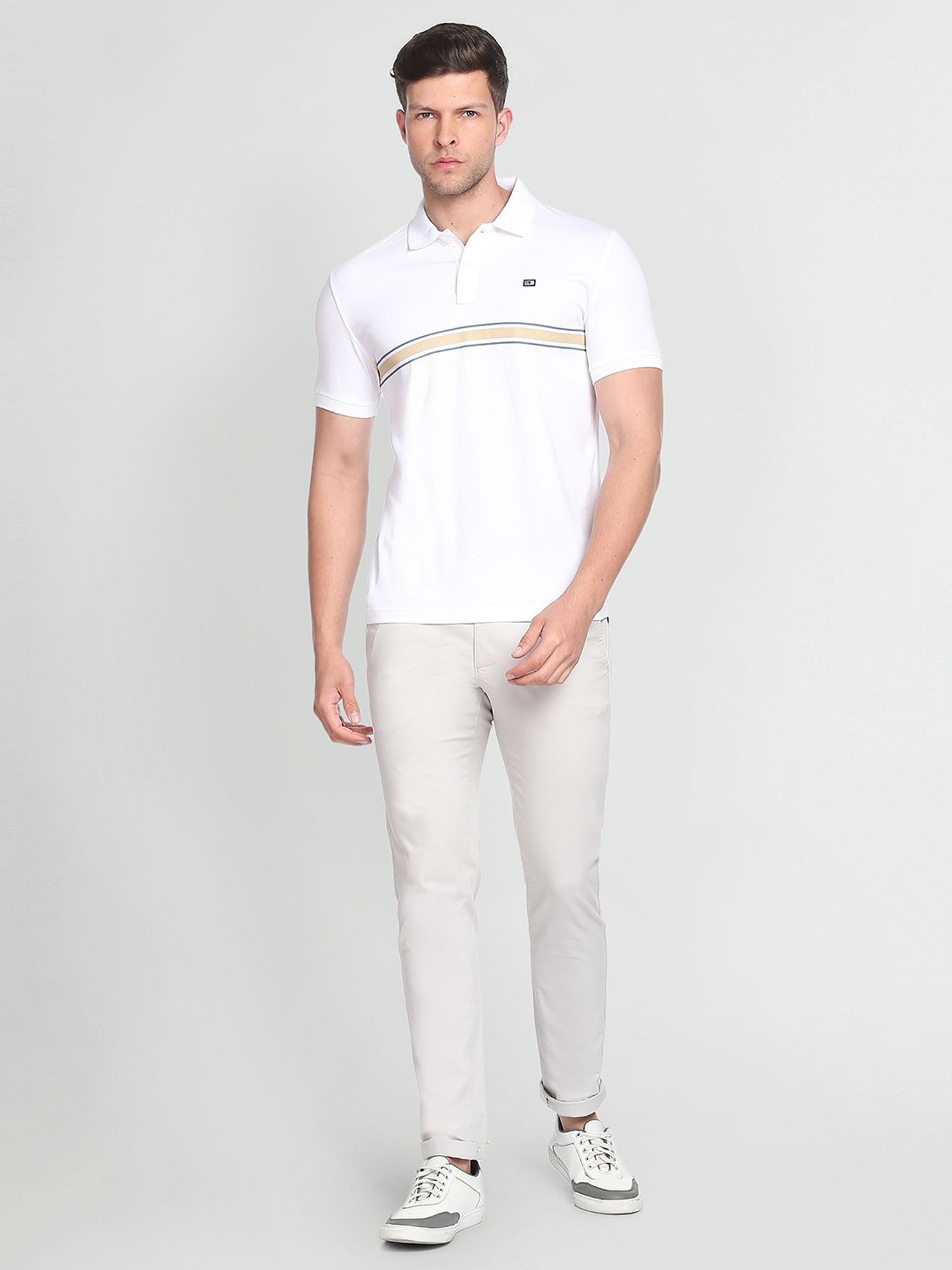 Arrow Sport White Cotton Regular Fit Striped Polo T-Shirt