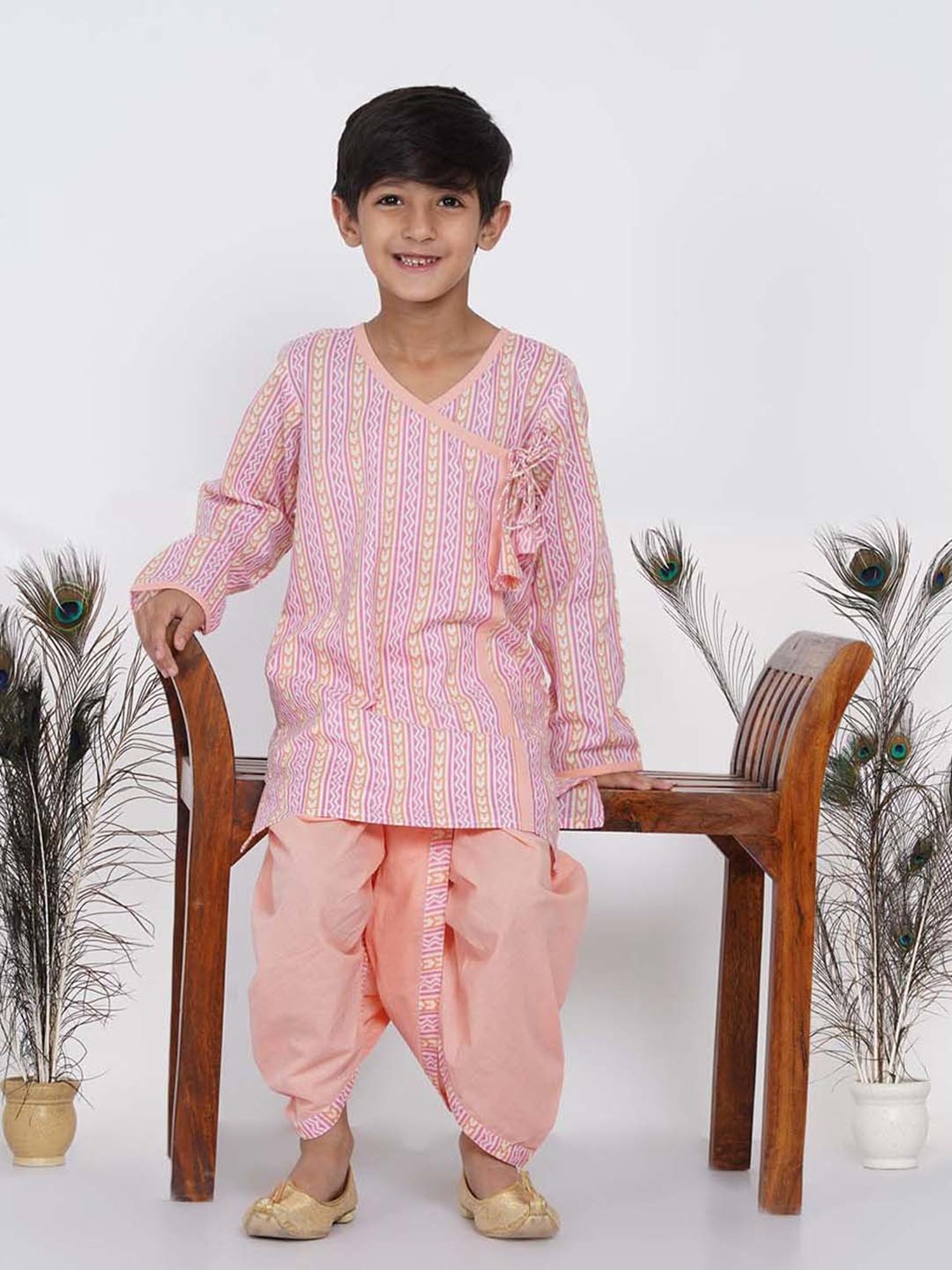 Little Bansi Kids Pink & Orange Cotton Printed Kurta Set