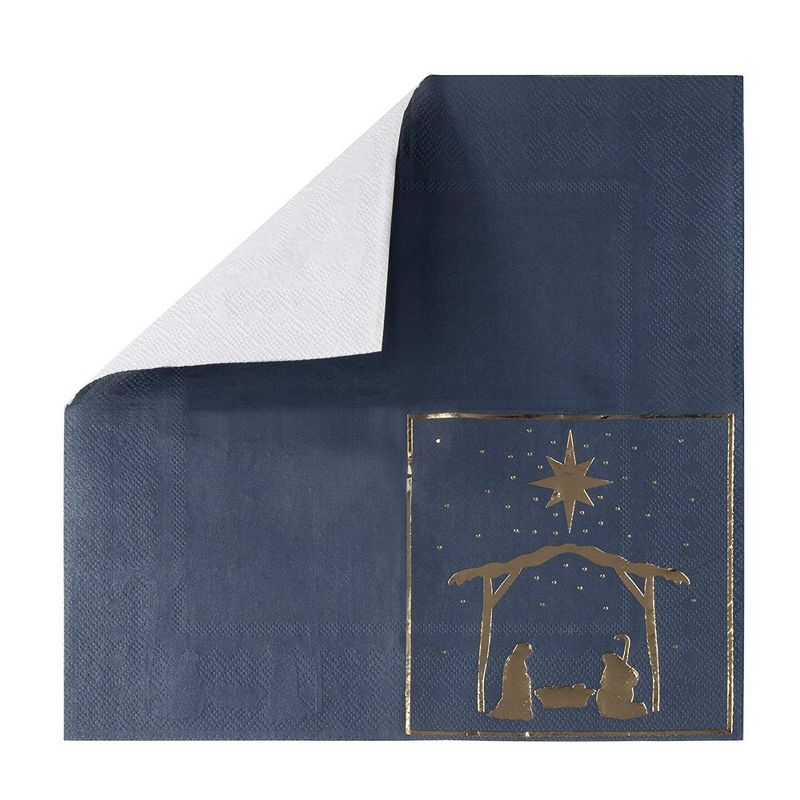 Juvale 50-Pack Blue Christmas Nativity of Jesus in Gold Foil Disposable Paper Cocktail Party Napkins