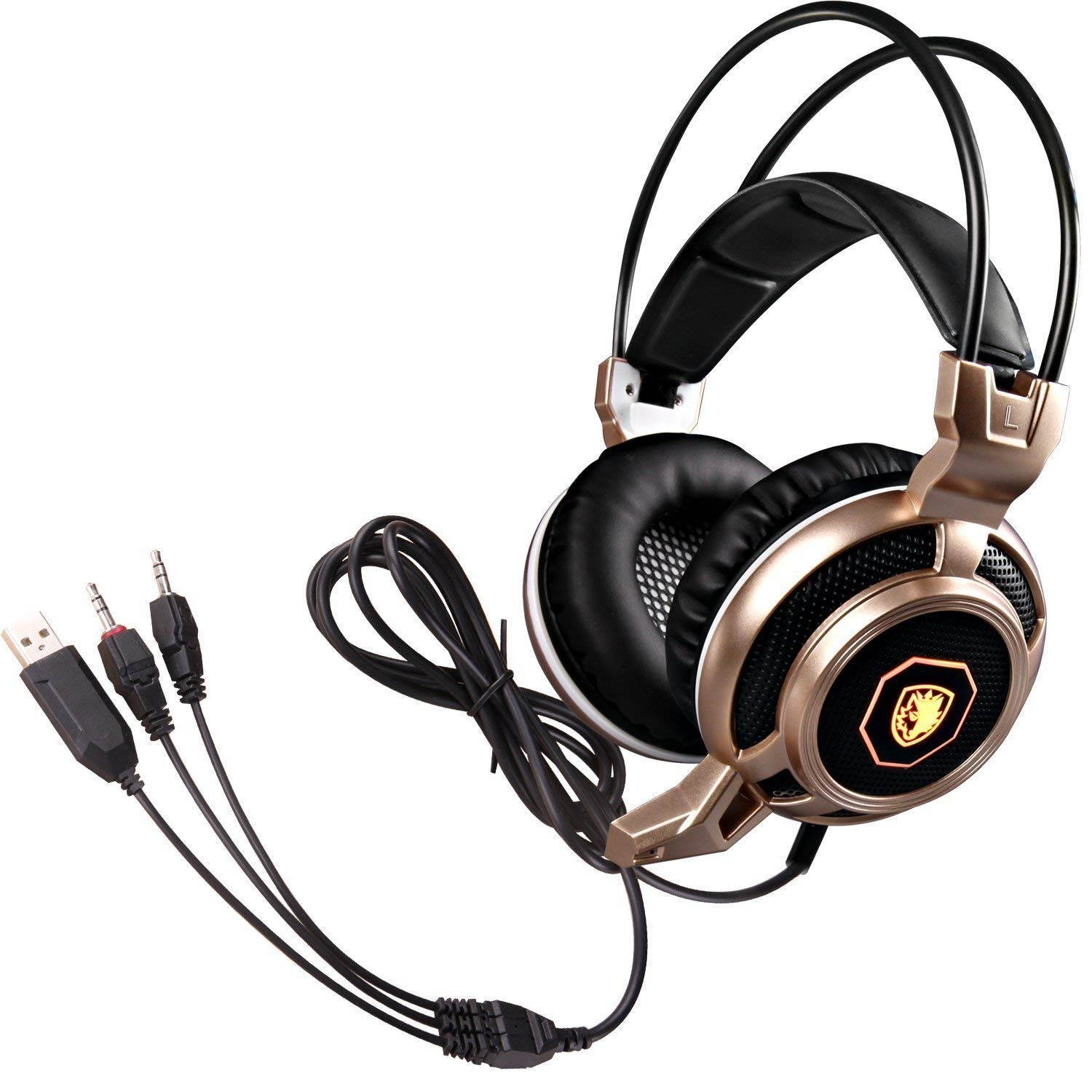 SADES Arcmage Gold Stereo Gaming Headphones With LED Lighting 3.5mm with Microphone for PC Mac PS4 Laptop